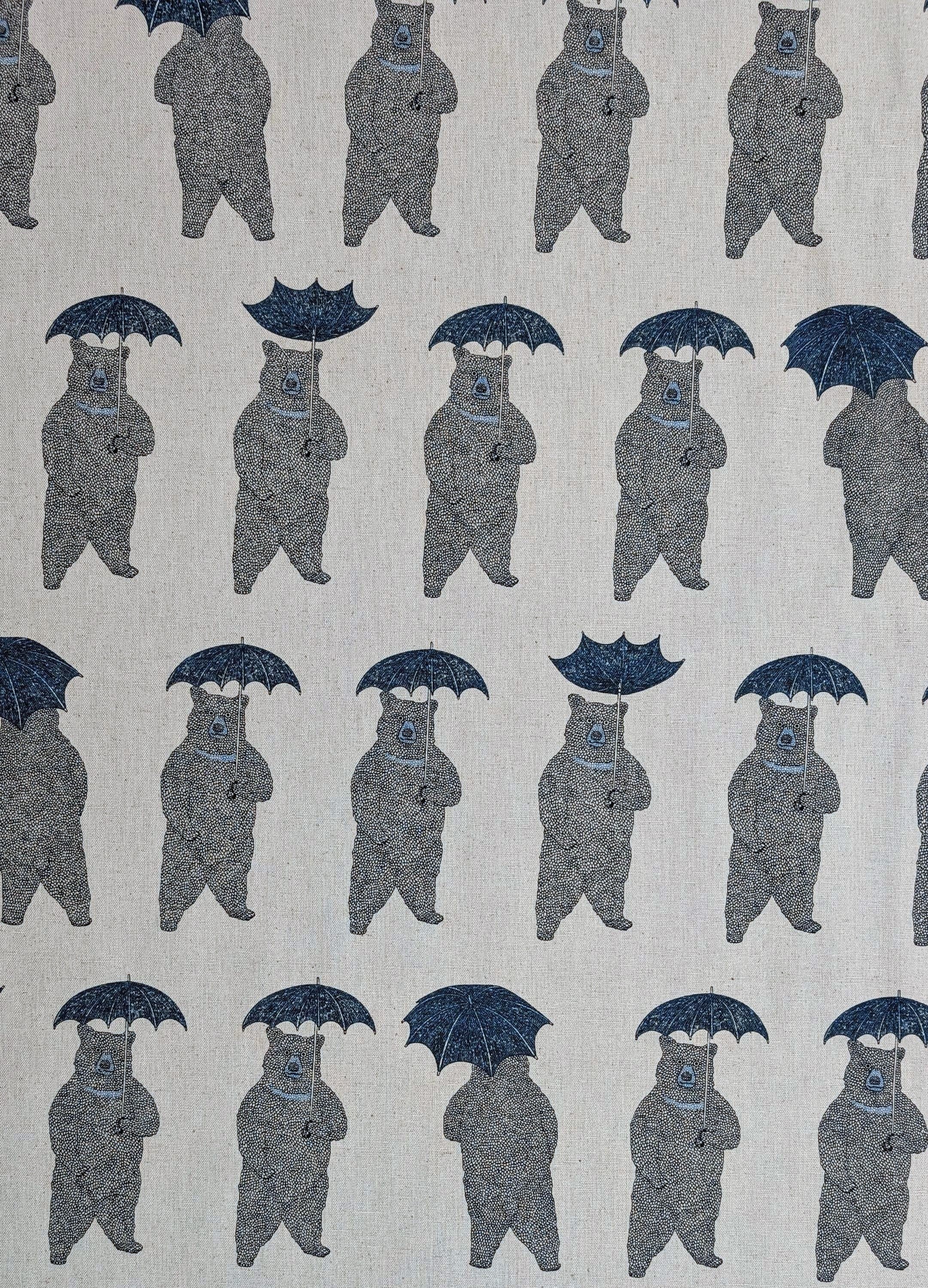 Koizumi - Bear-Able Weather Bears with Umbrellas Cotton/Linen Canvas Fabric - Blues