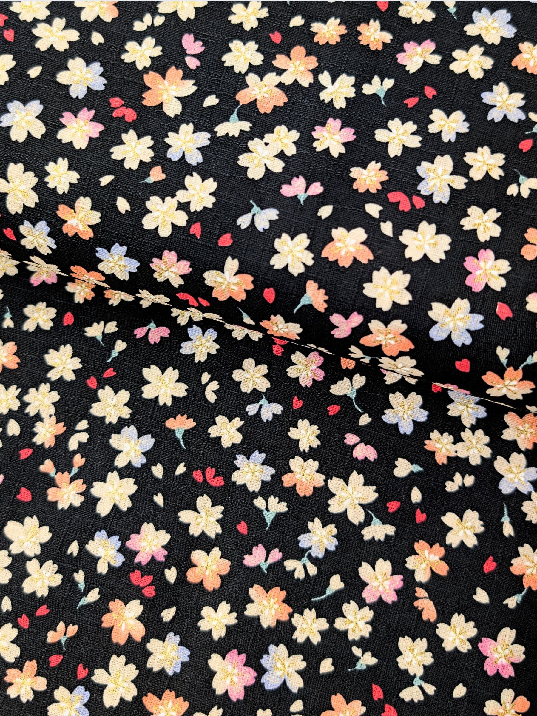 Hokkoh - Golden Watercolor Cherry Blossoms Cotton Dobby Fabric - Black