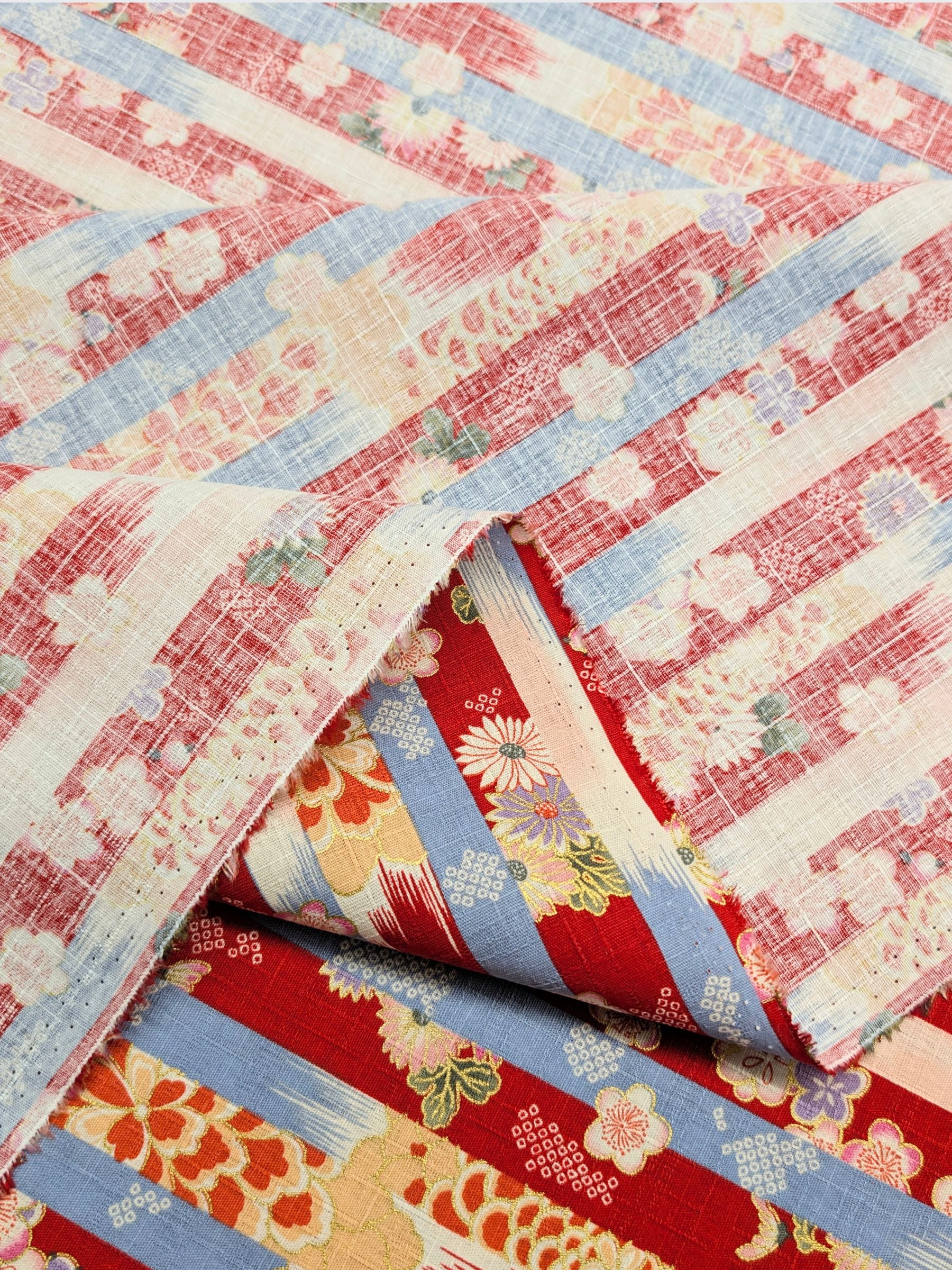 Hokkoh - Golden Wagara Stripe Cotton Dobby Fabric - Red & Blue