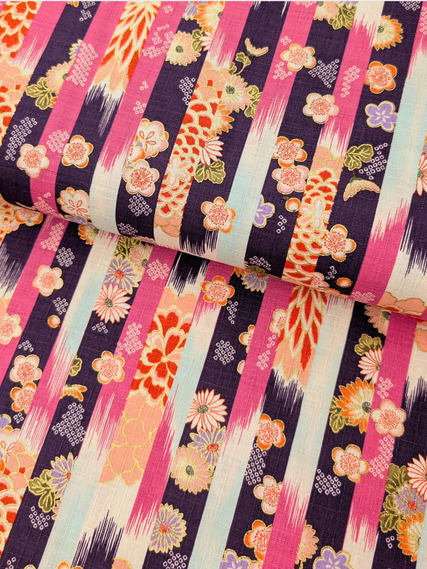 Hokkoh - Golden Wagara Stripe Cotton Dobby Fabric - Purple & Pink