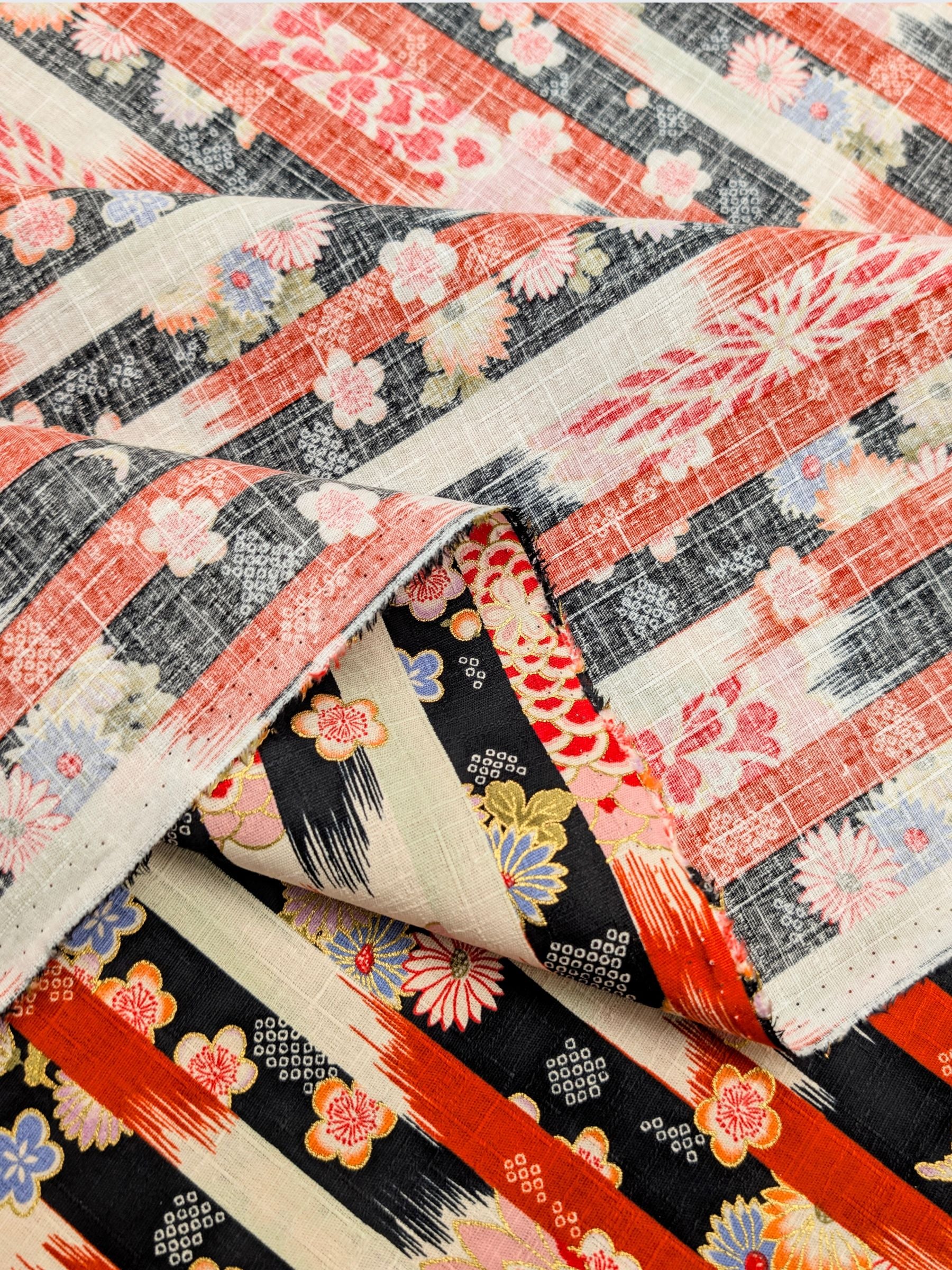 Hokkoh - Golden Wagara Stripe Cotton Dobby Fabric - Black & Red