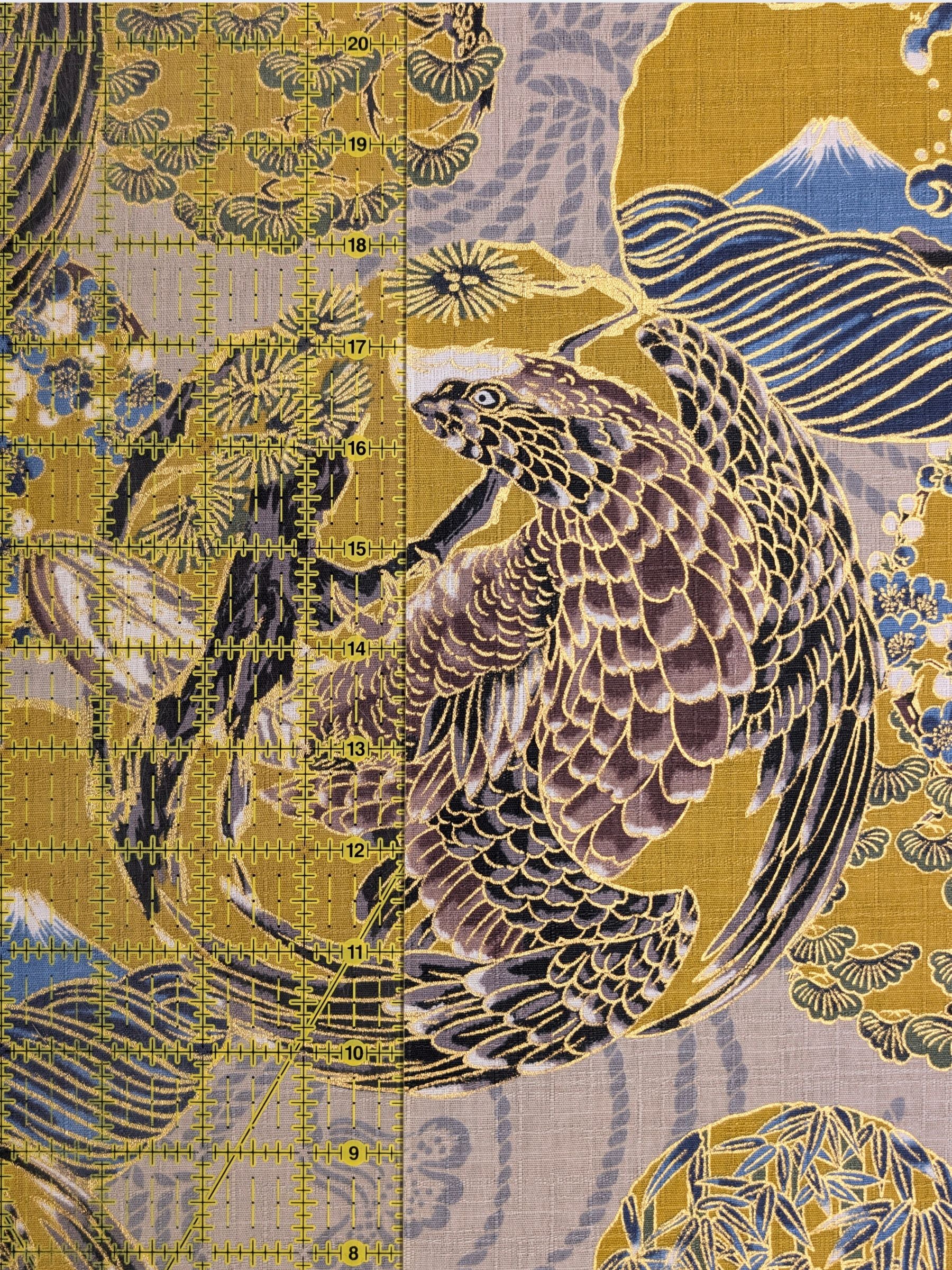 Hokkoh - Golden Circling Hawks Cotton Dobby Fabric - Gray & Yellow