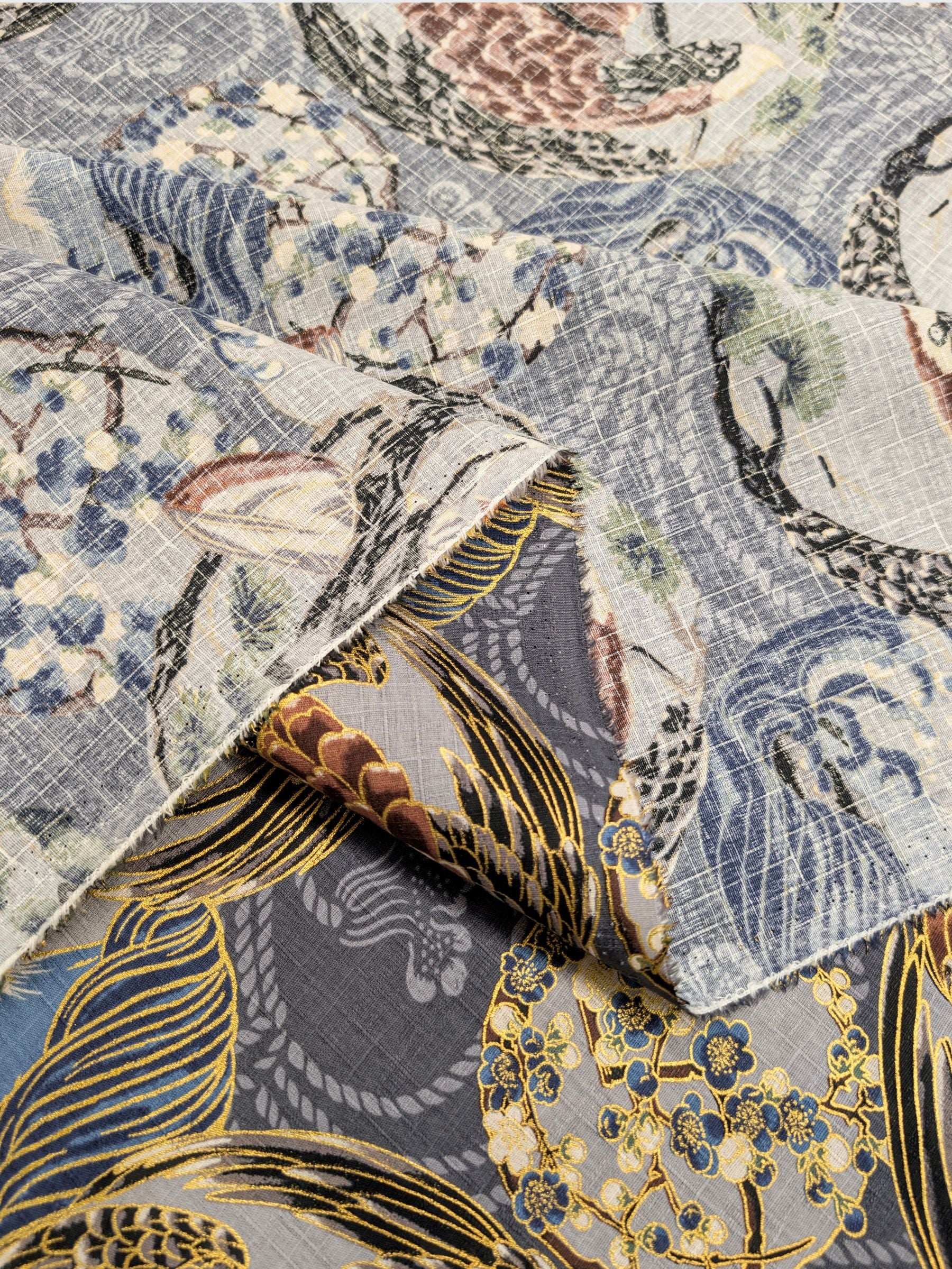 Hokkoh - Golden Circling Hawks Cotton Dobby Fabric - Gray & Brown