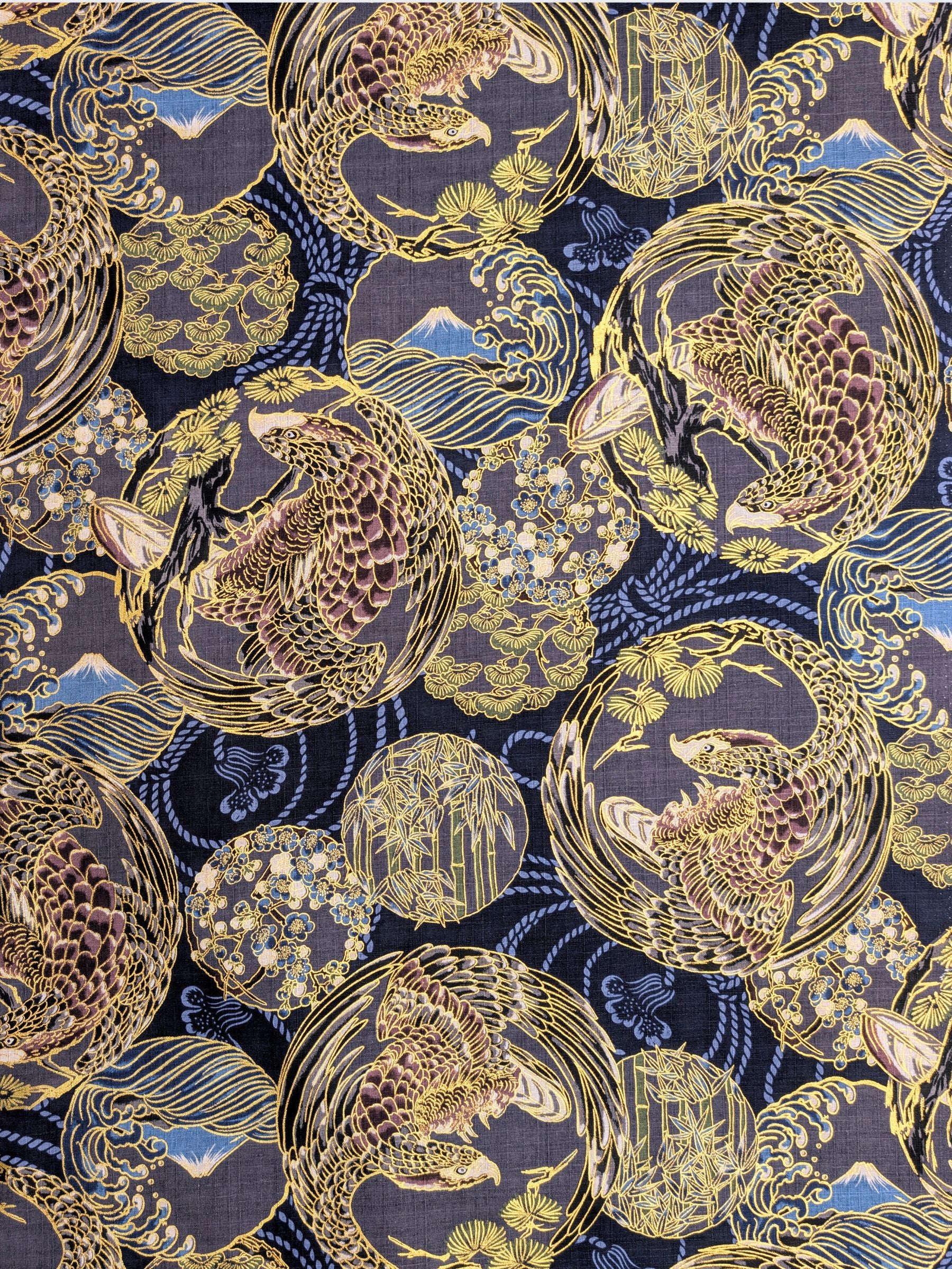 Hokkoh - Golden Circling Hawks Cotton Dobby Fabric - Blue & Gray
