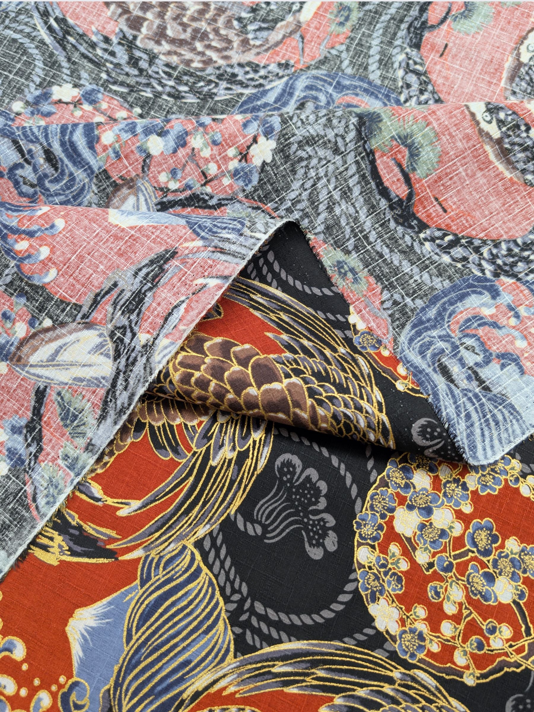 Hokkoh - Golden Circling Hawks Cotton Dobby Fabric - Black & Red