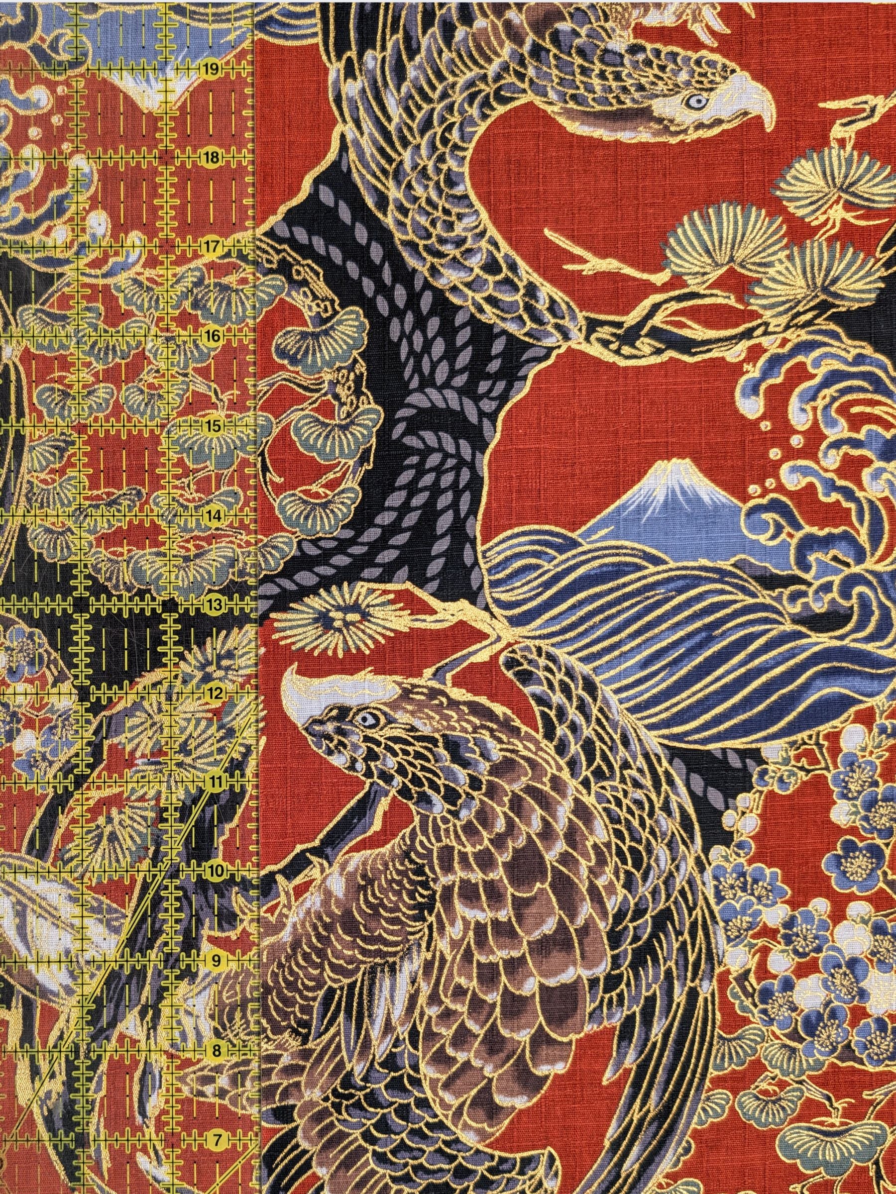 Hokkoh - Golden Circling Hawks Cotton Dobby Fabric - Black & Red