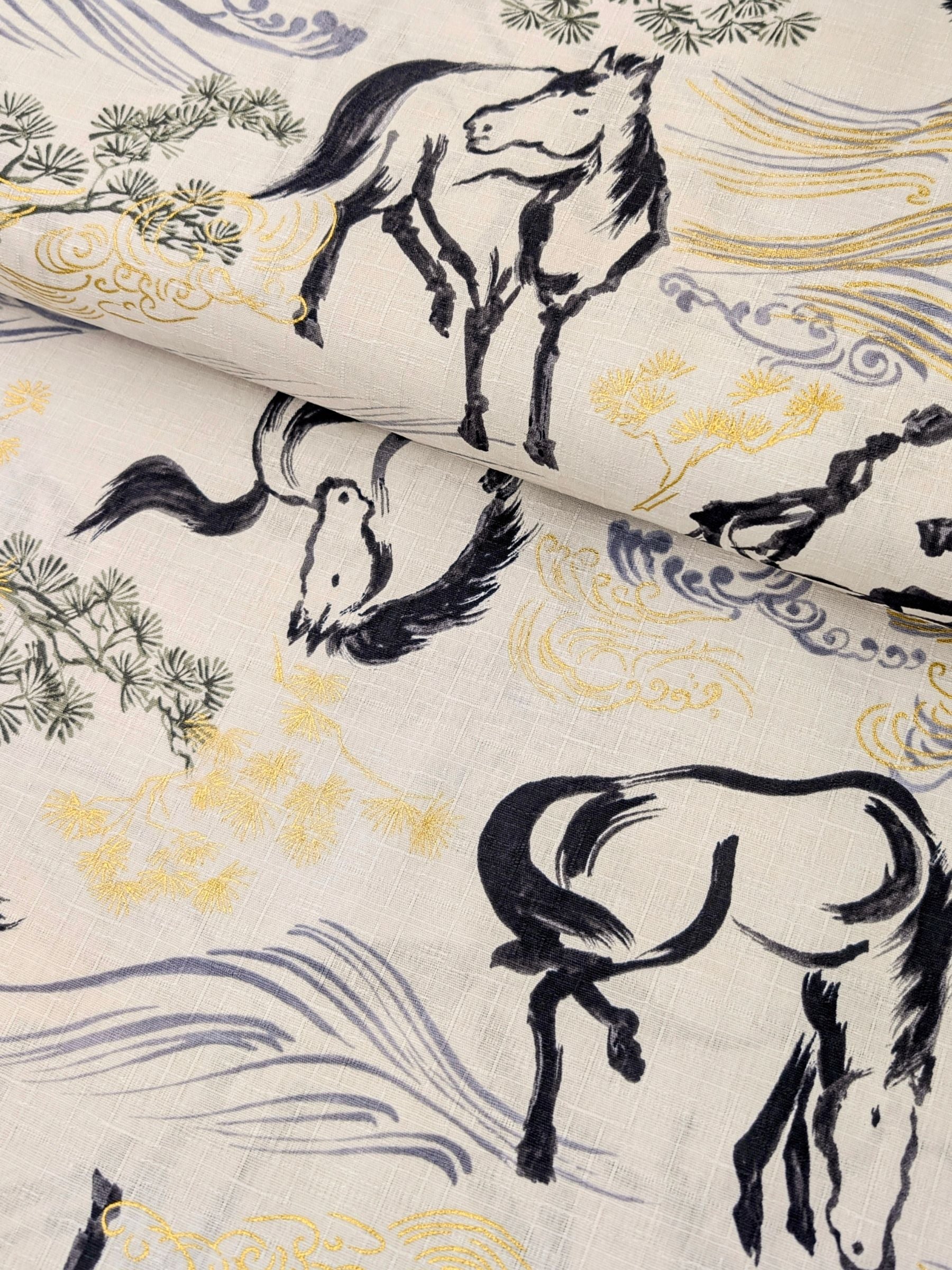 Hokkoh - Traditional Horses Cotton Dobby Fabric - White