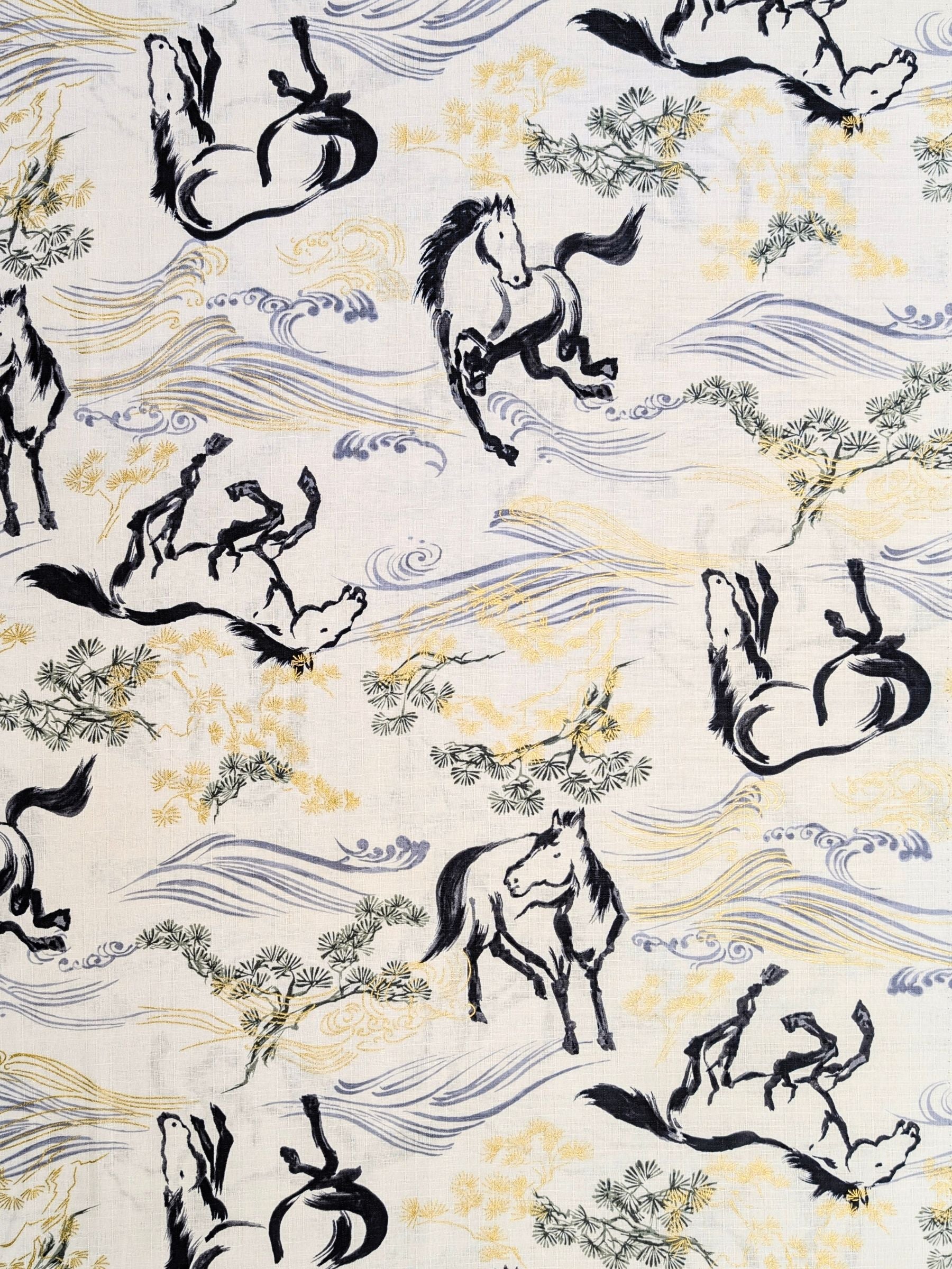 Hokkoh - Traditional Horses Cotton Dobby Fabric - White