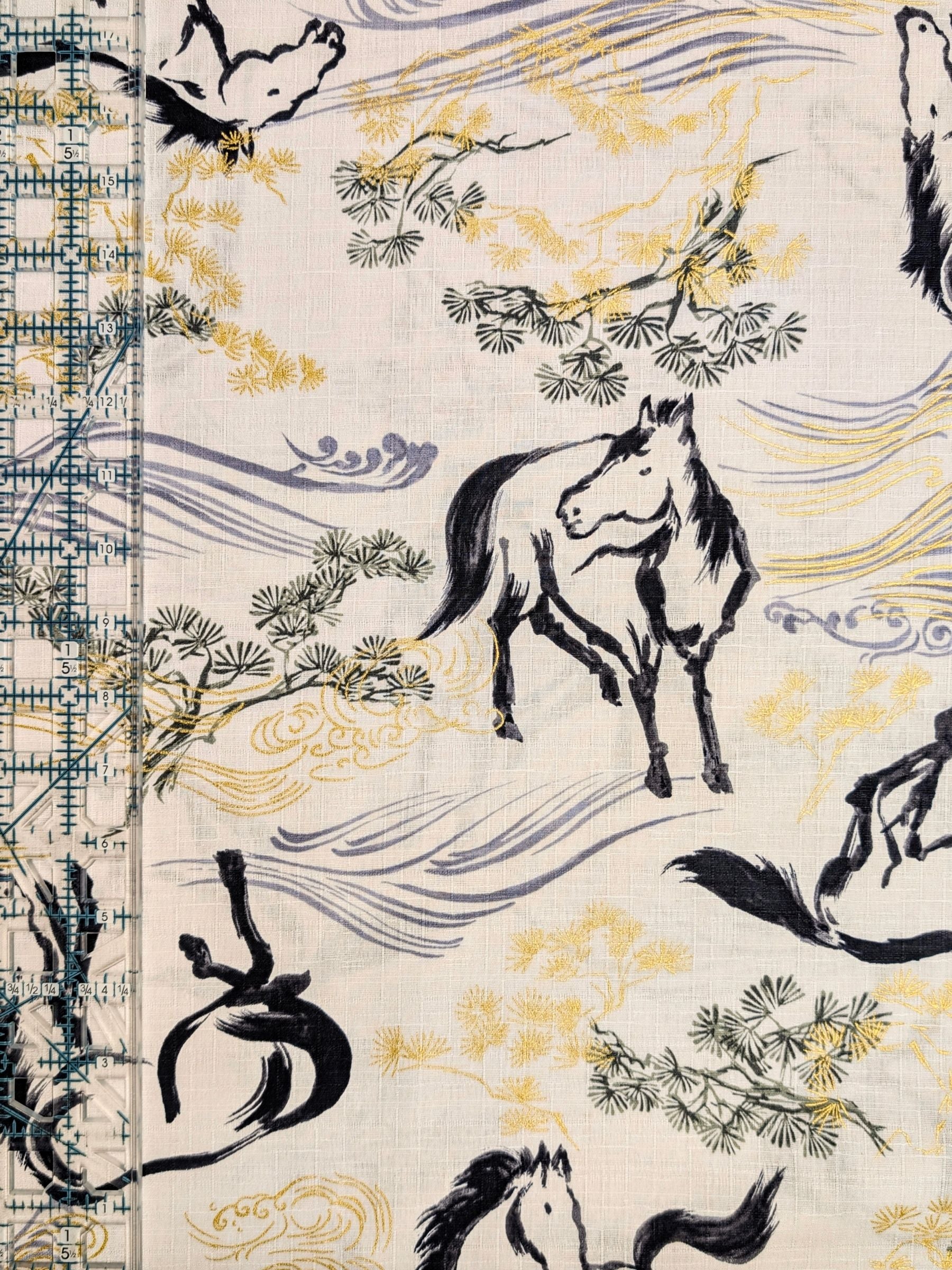 Hokkoh - Traditional Horses Cotton Dobby Fabric - White