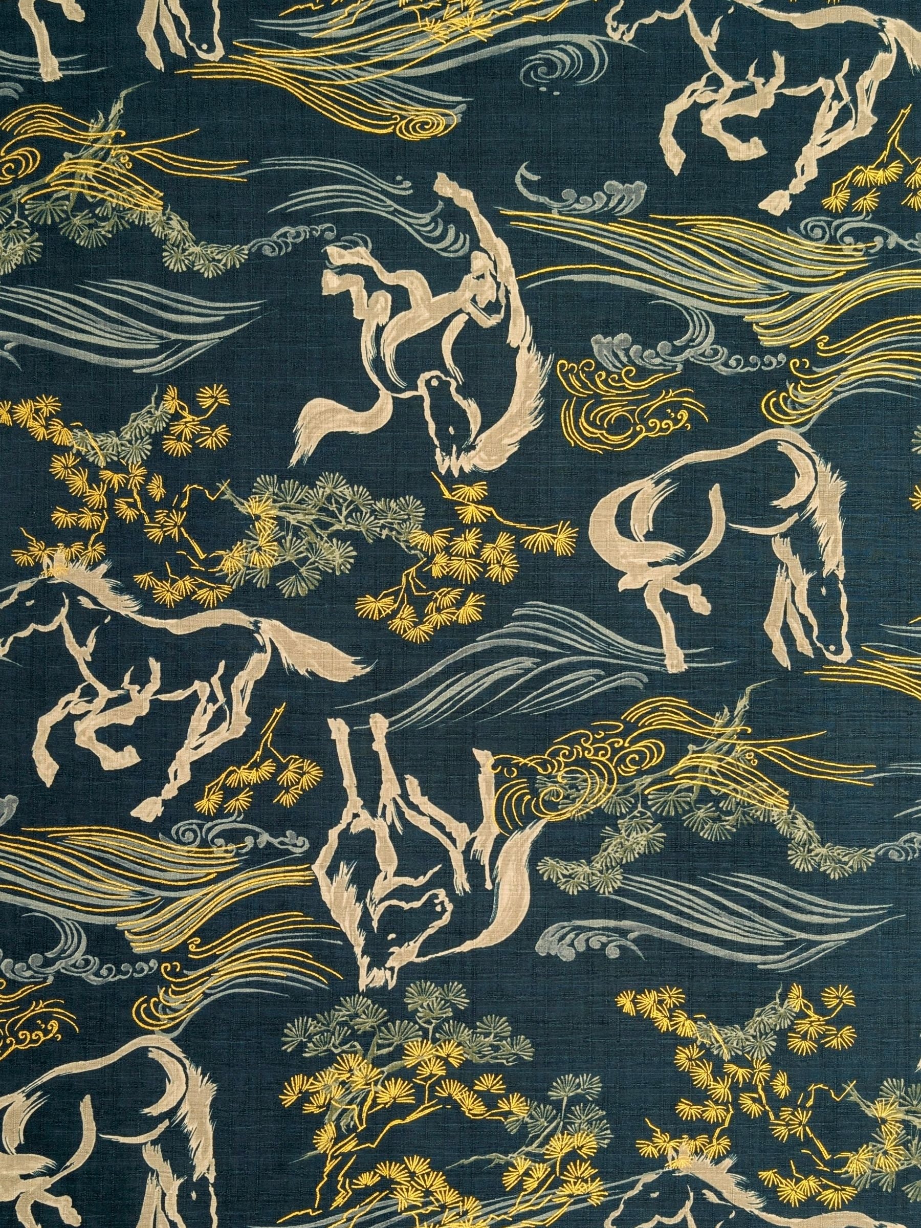 Hokkoh - Traditional Horses Cotton Dobby Fabric - Teal