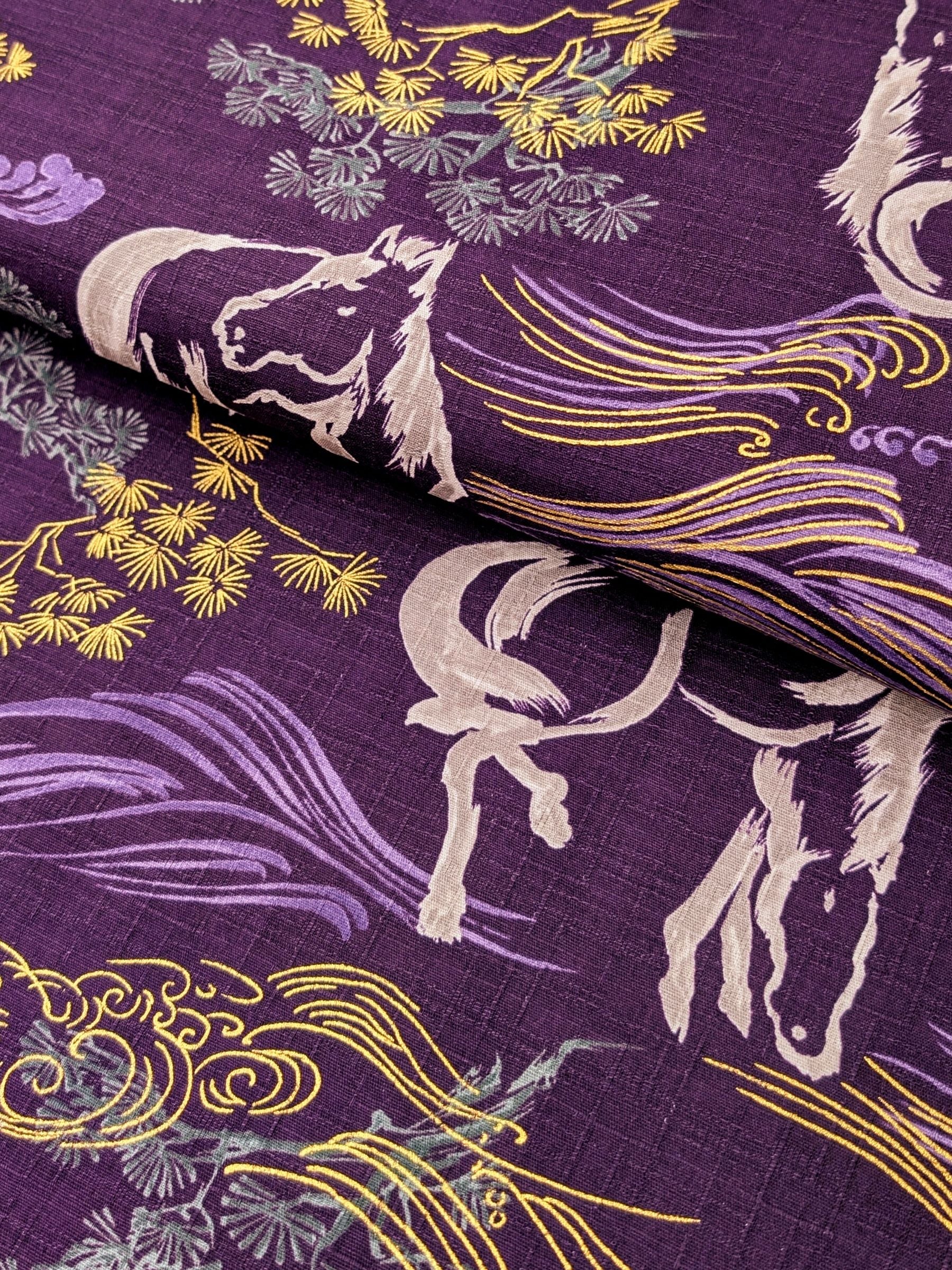 Hokkoh - Traditional Horses Cotton Dobby Fabric - Purple