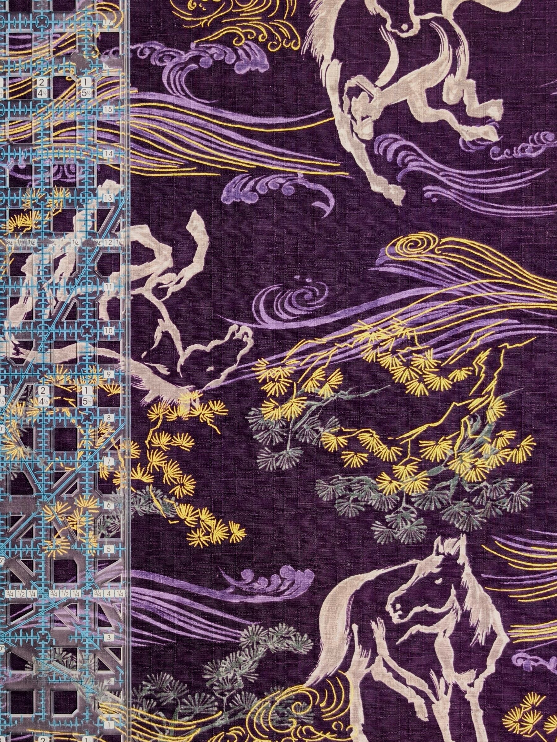 Hokkoh - Traditional Horses Cotton Dobby Fabric - Purple