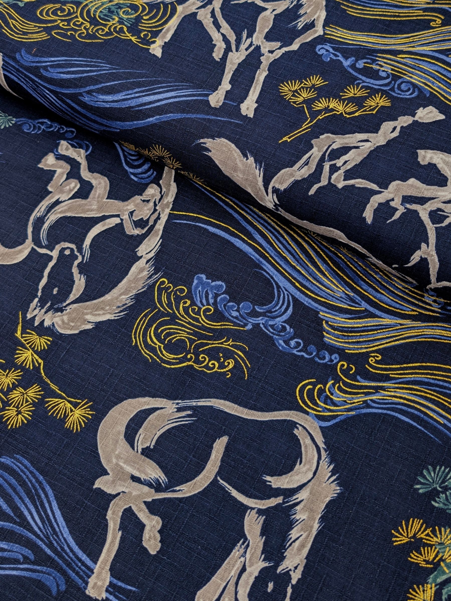 Hokkoh - Traditional Horses Cotton Dobby Fabric - Blue