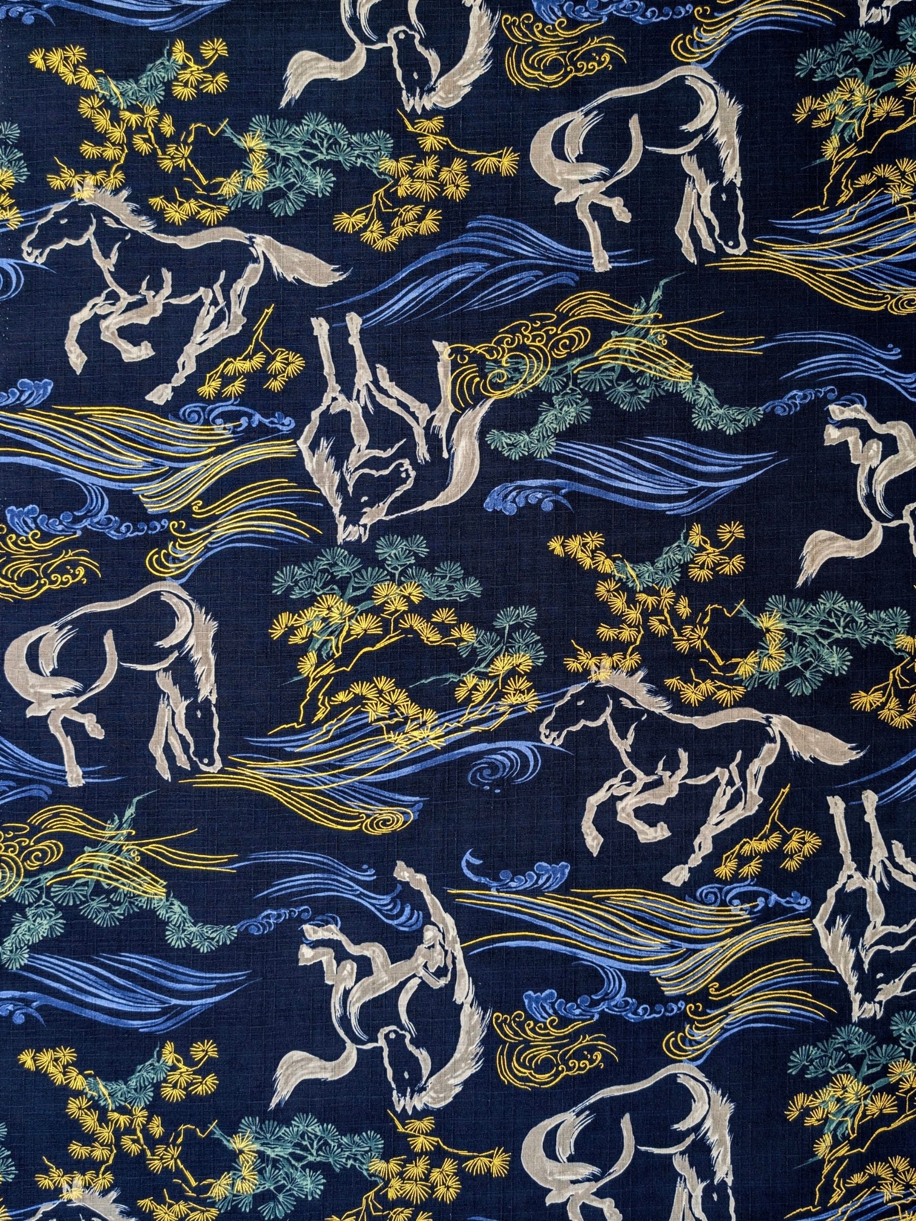Hokkoh - Traditional Horses Cotton Dobby Fabric - Blue