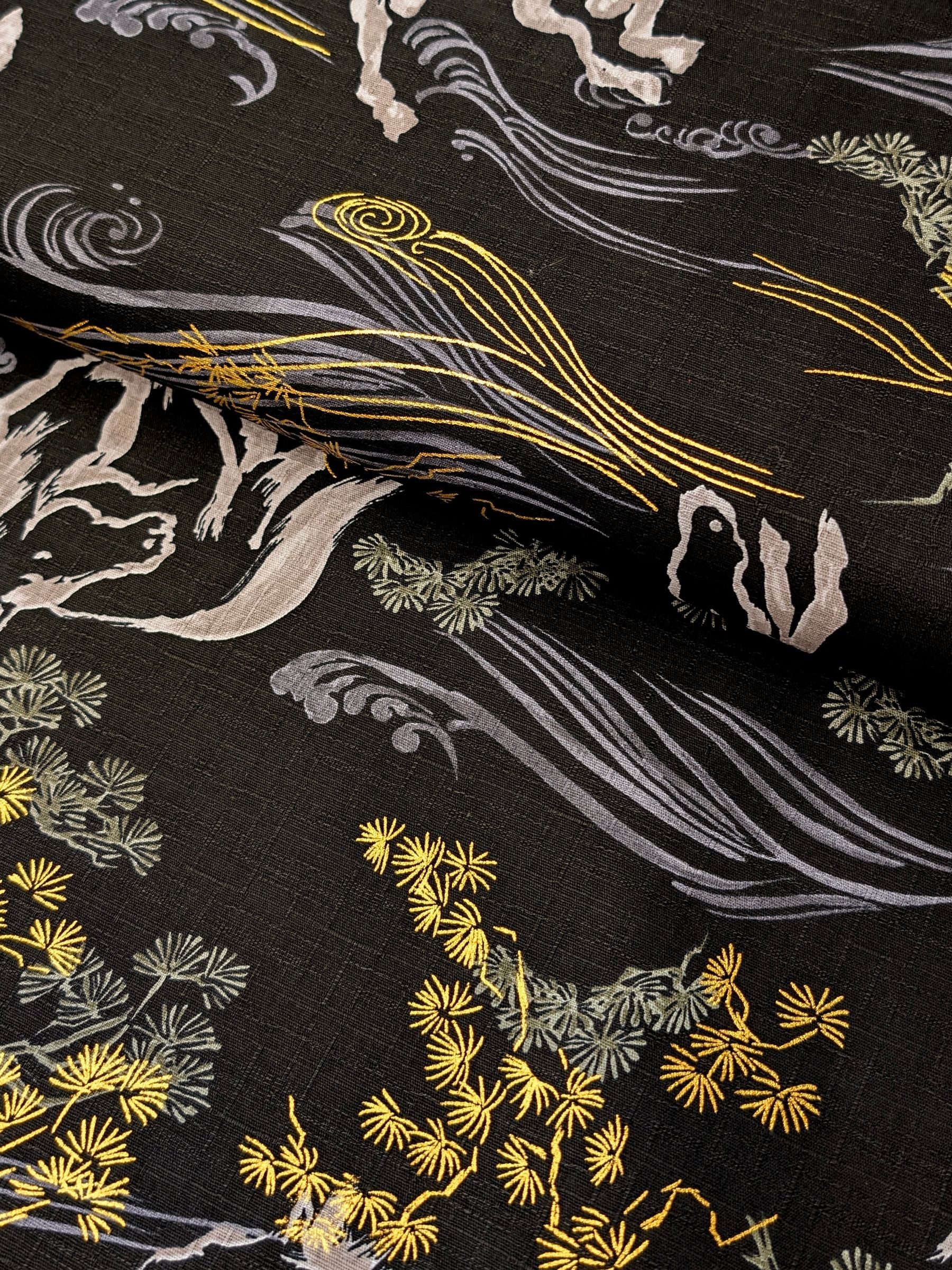 Hokkoh - Traditional Horses Cotton Dobby Fabric - Black