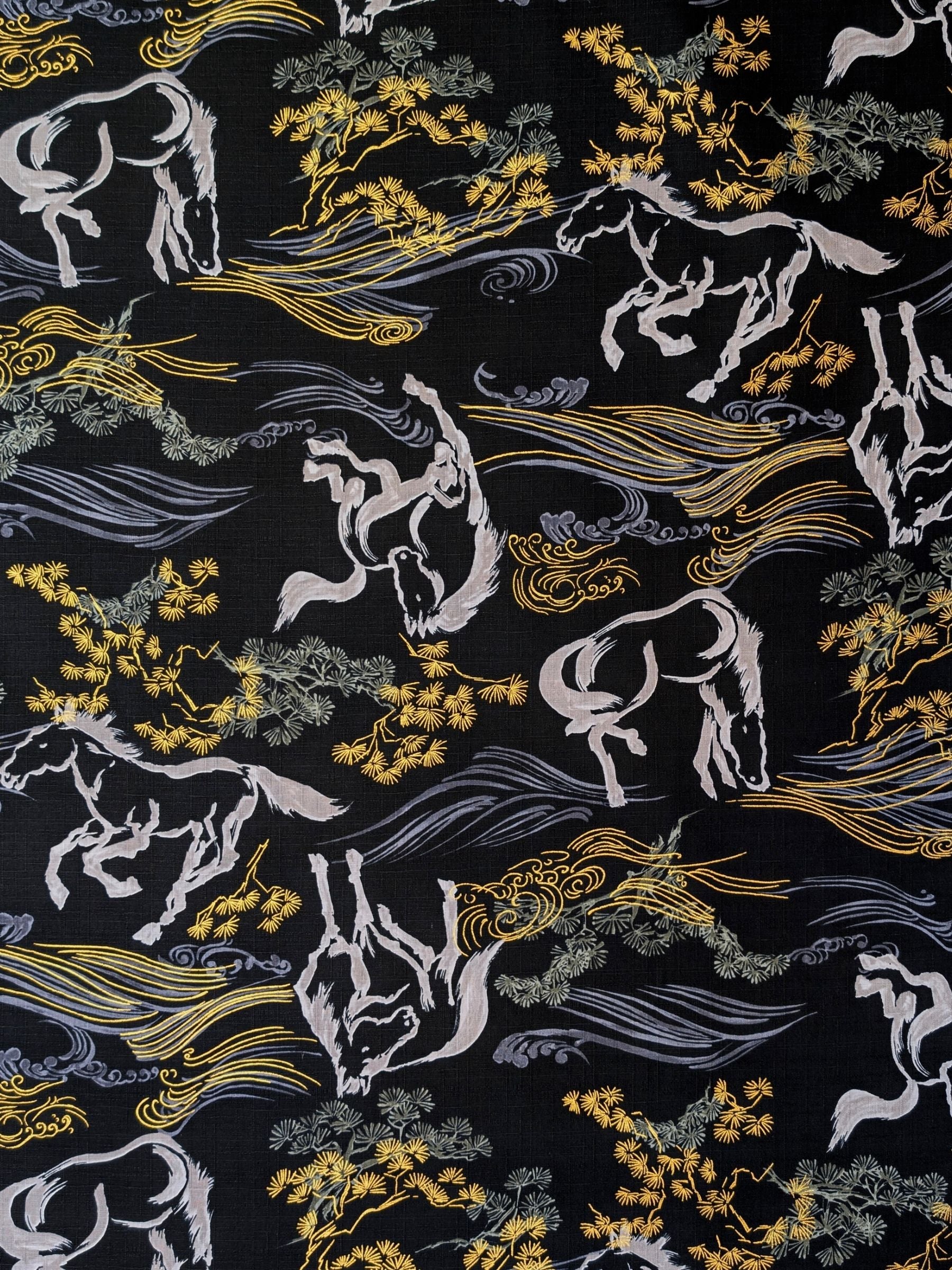 Hokkoh - Traditional Horses Cotton Dobby Fabric - Black