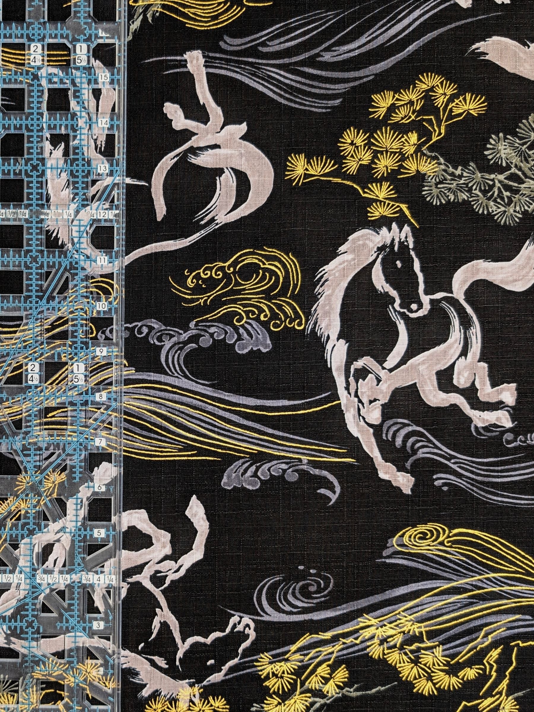 Hokkoh - Traditional Horses Cotton Dobby Fabric - Black