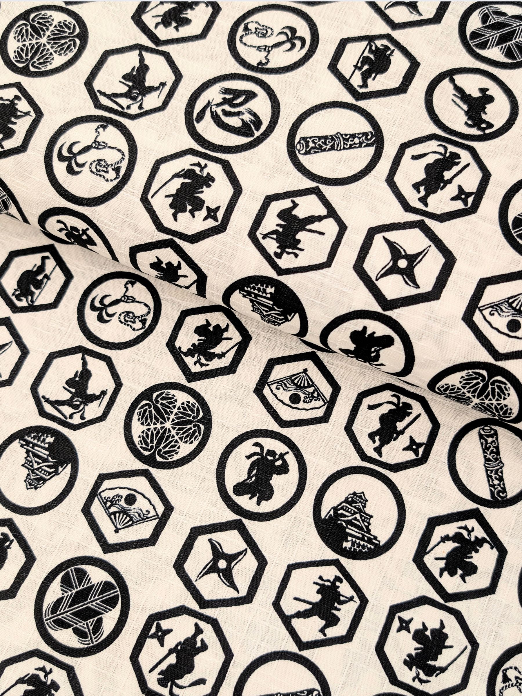 Hokkoh - Ninja Crests Cotton Dobby Fabric - White & Black