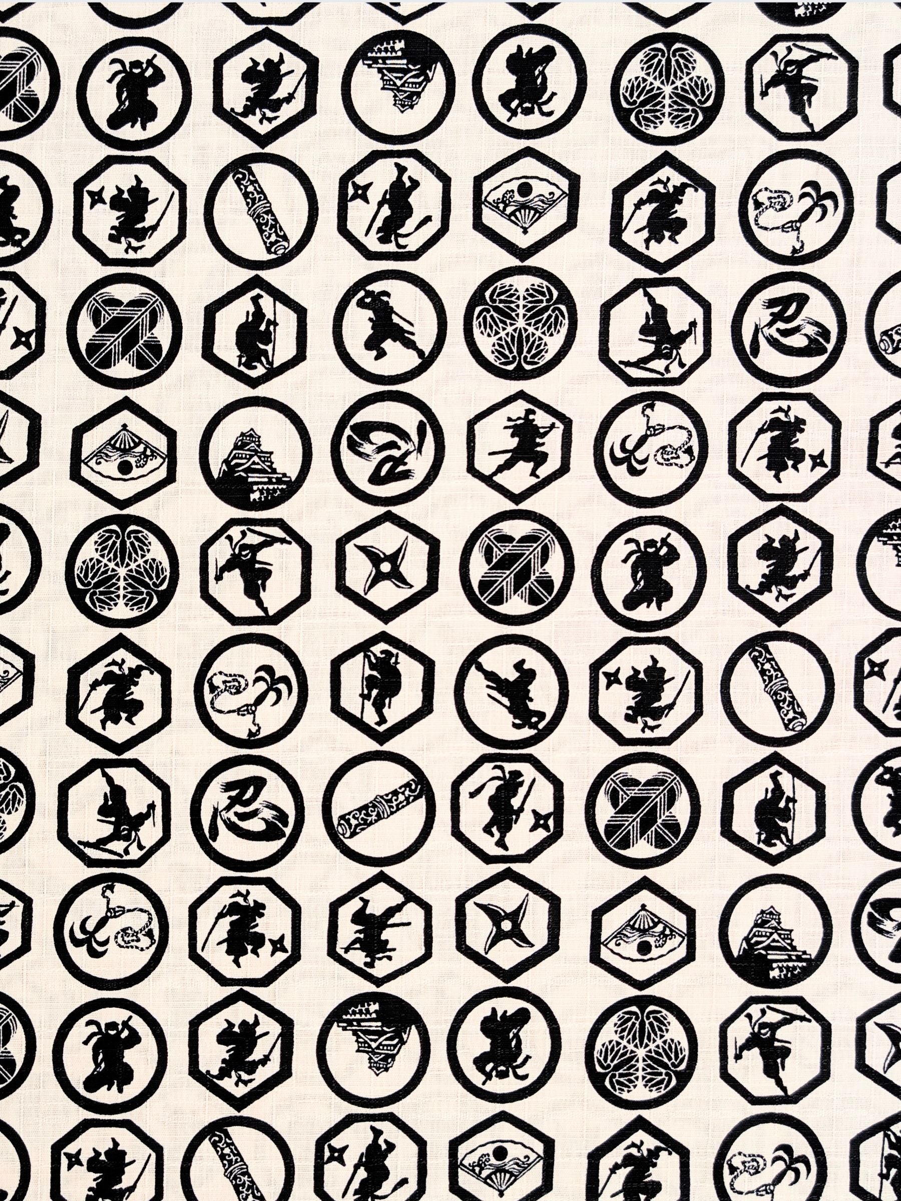 Hokkoh - Ninja Crests Cotton Dobby Fabric - White & Black