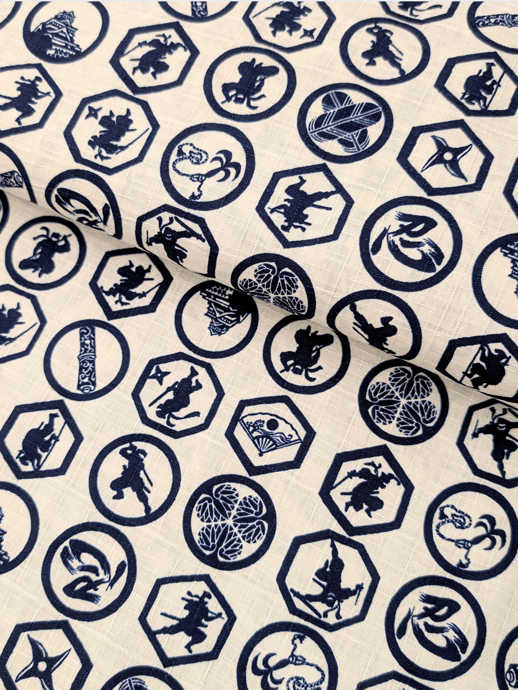 Hokkoh - Ninja Crests Cotton Dobby Fabric - White & Blue