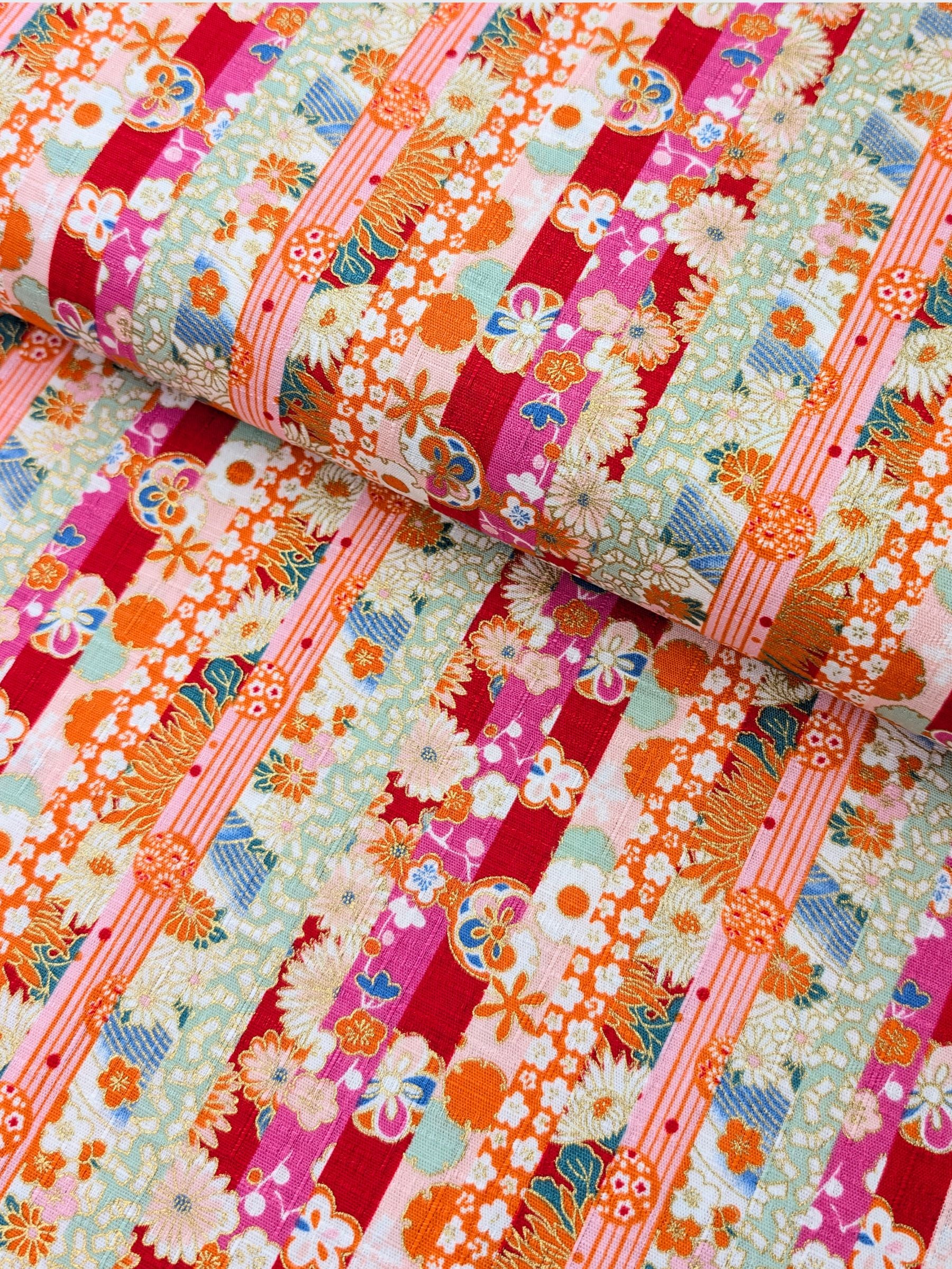 Hokkoh - Golden Floral Stripe Cotton Dobby Fabric - Red & Green