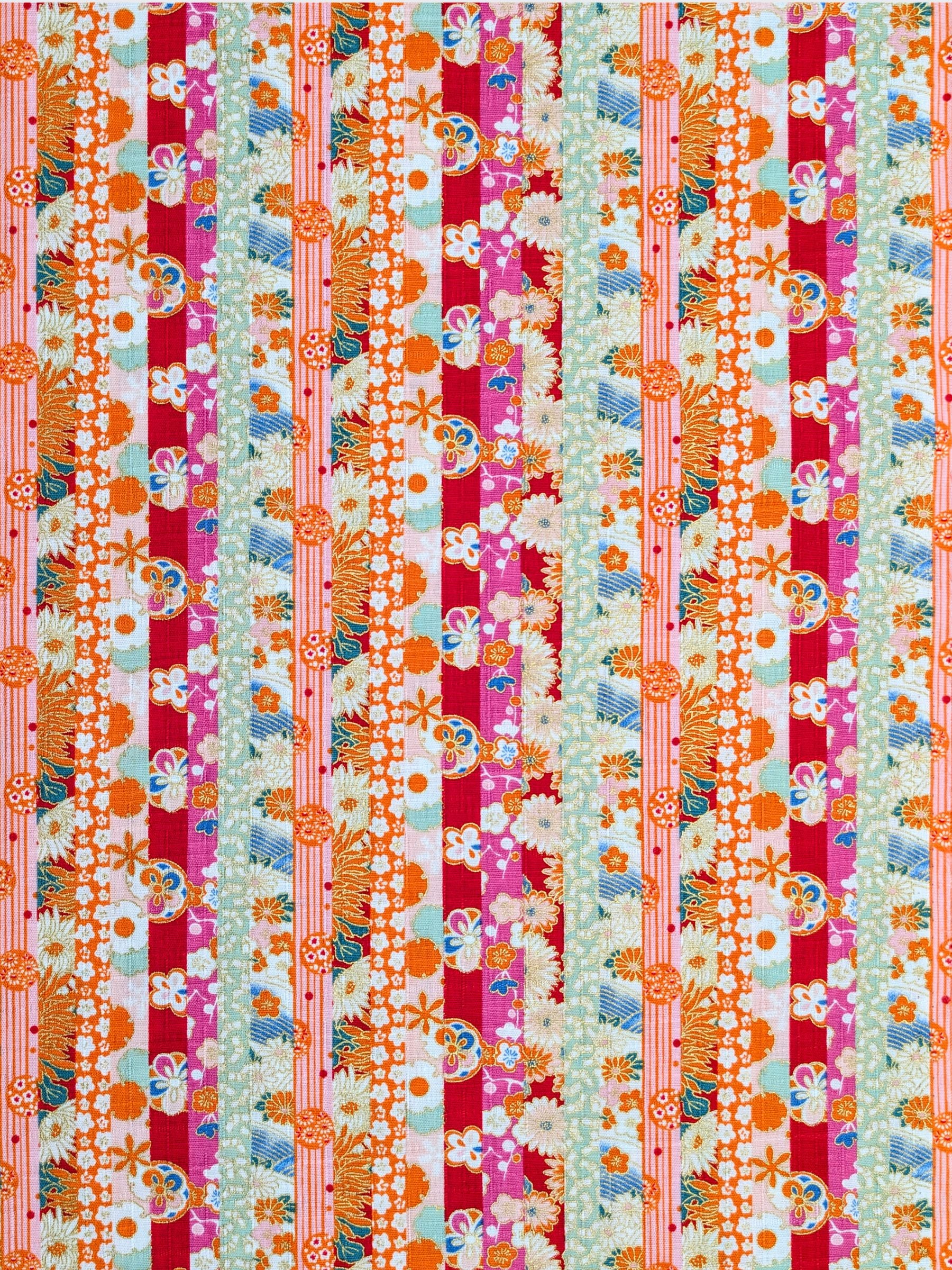 Hokkoh - Golden Floral Stripe Cotton Dobby Fabric - Red & Green