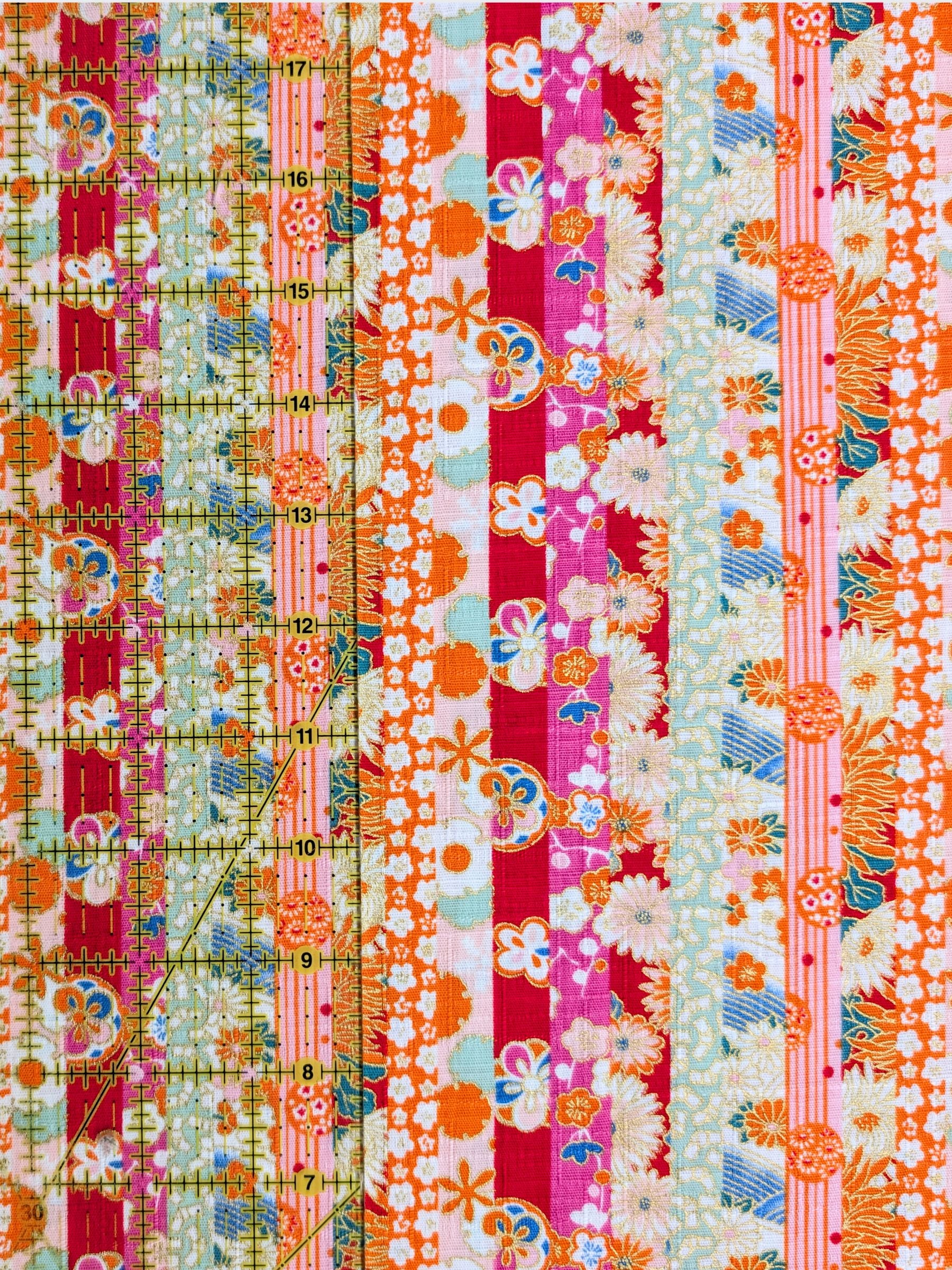 Hokkoh - Golden Floral Stripe Cotton Dobby Fabric - Red & Green