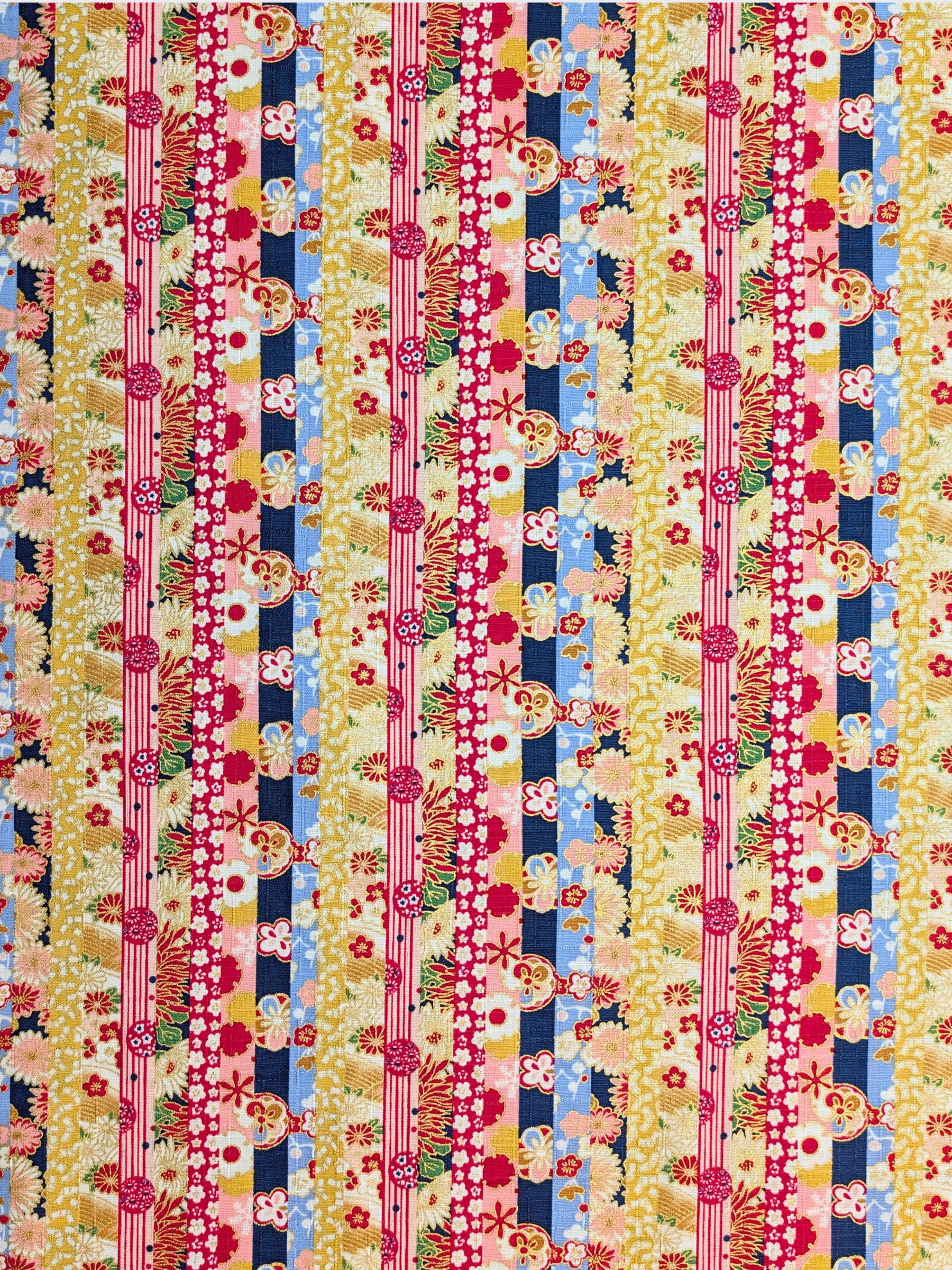 Hokkoh - Golden Floral Stripe Cotton Dobby Fabric - Blue & Yellow