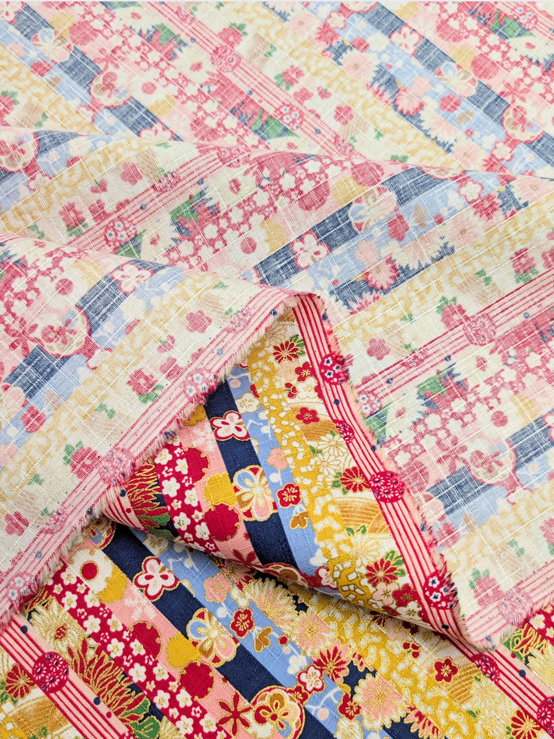 Hokkoh - Golden Floral Stripe Cotton Dobby Fabric - Blue & Yellow