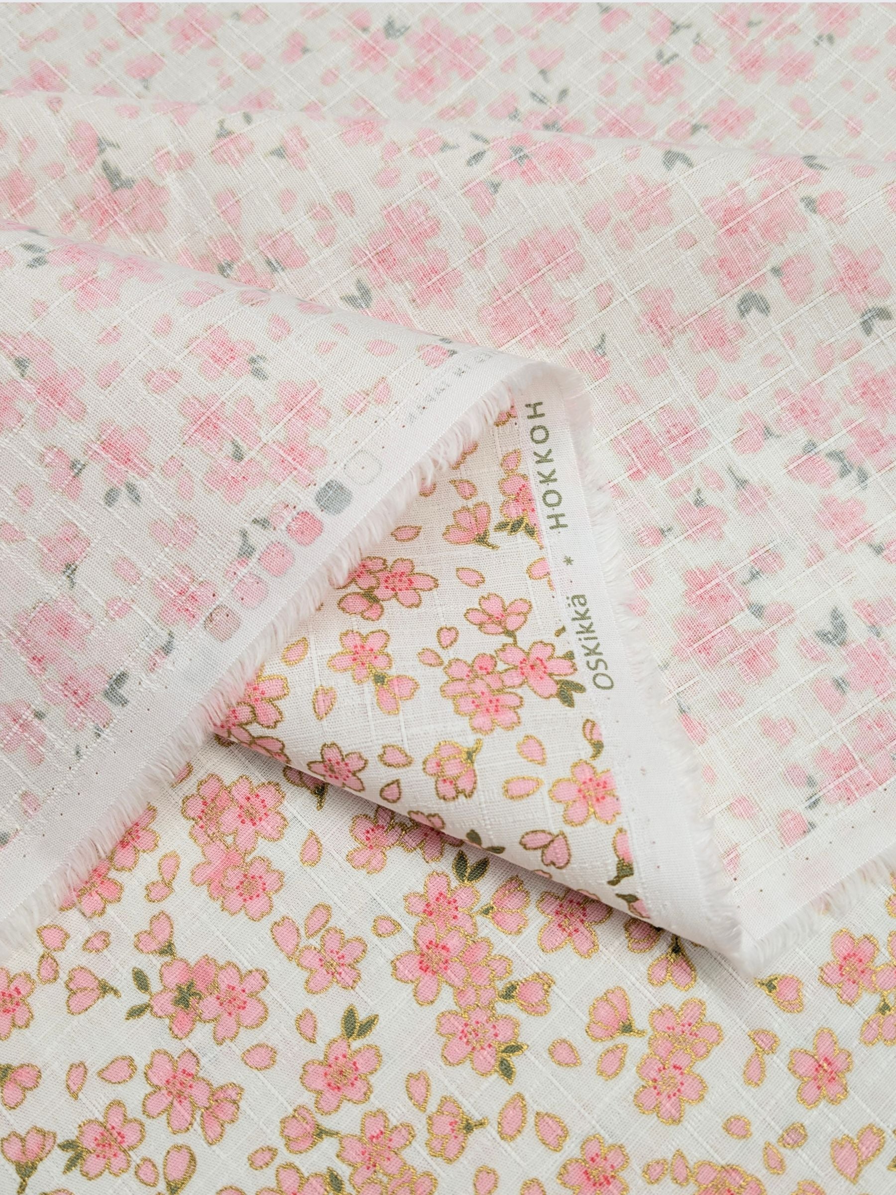 Hokkoh - Tiny Golden Cherry Blossoms Cotton Dobby Fabric - White