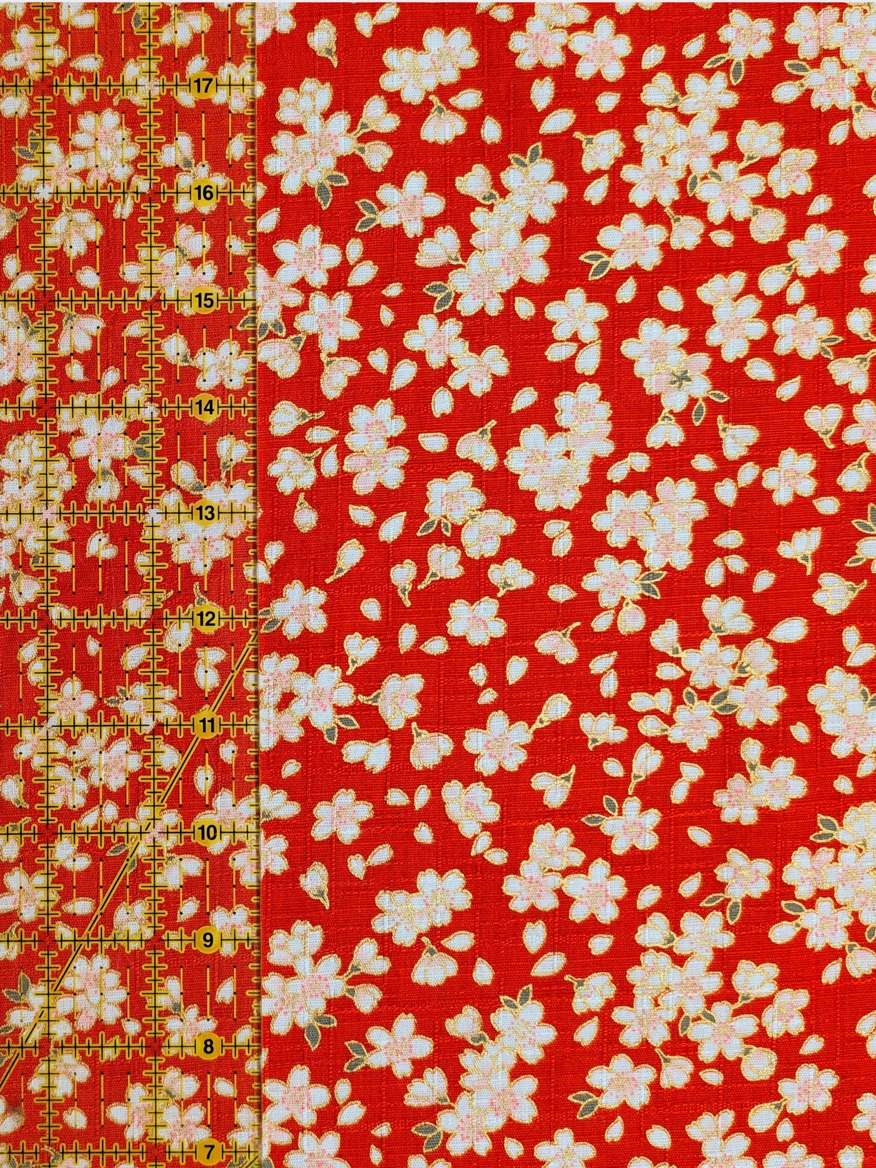 Hokkoh - Tiny Golden Cherry Blossoms Cotton Dobby Fabric - Red