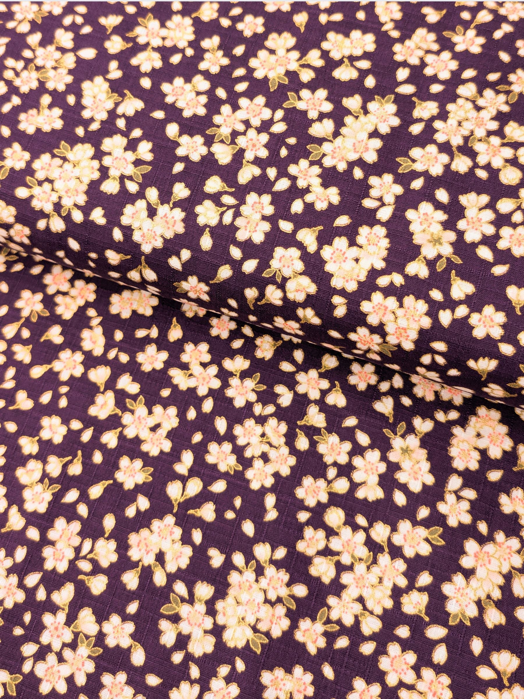 Hokkoh - Tiny Golden Cherry Blossoms Cotton Dobby Fabric - Purple