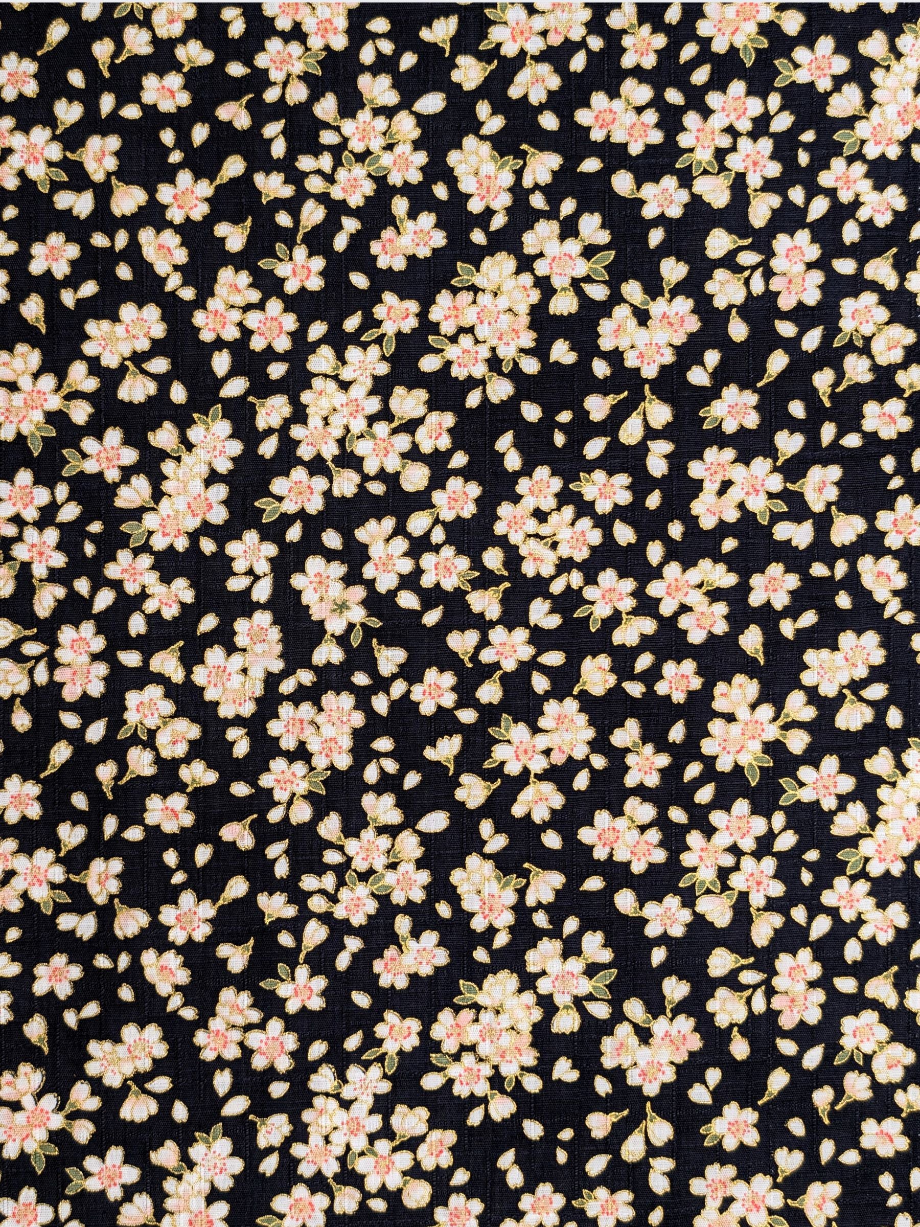 Hokkoh - Tiny Golden Cherry Blossoms Cotton Dobby Fabric - Black