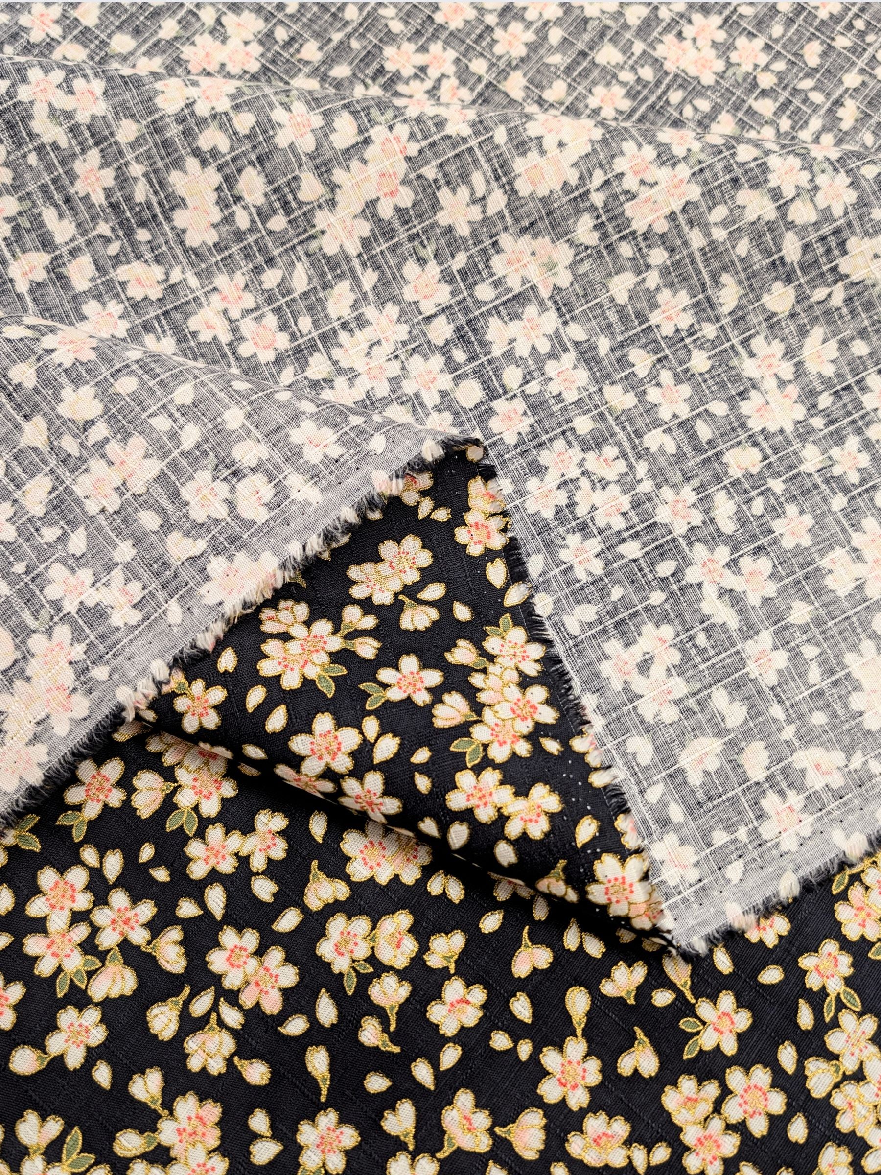 Hokkoh - Tiny Golden Cherry Blossoms Cotton Dobby Fabric - Black