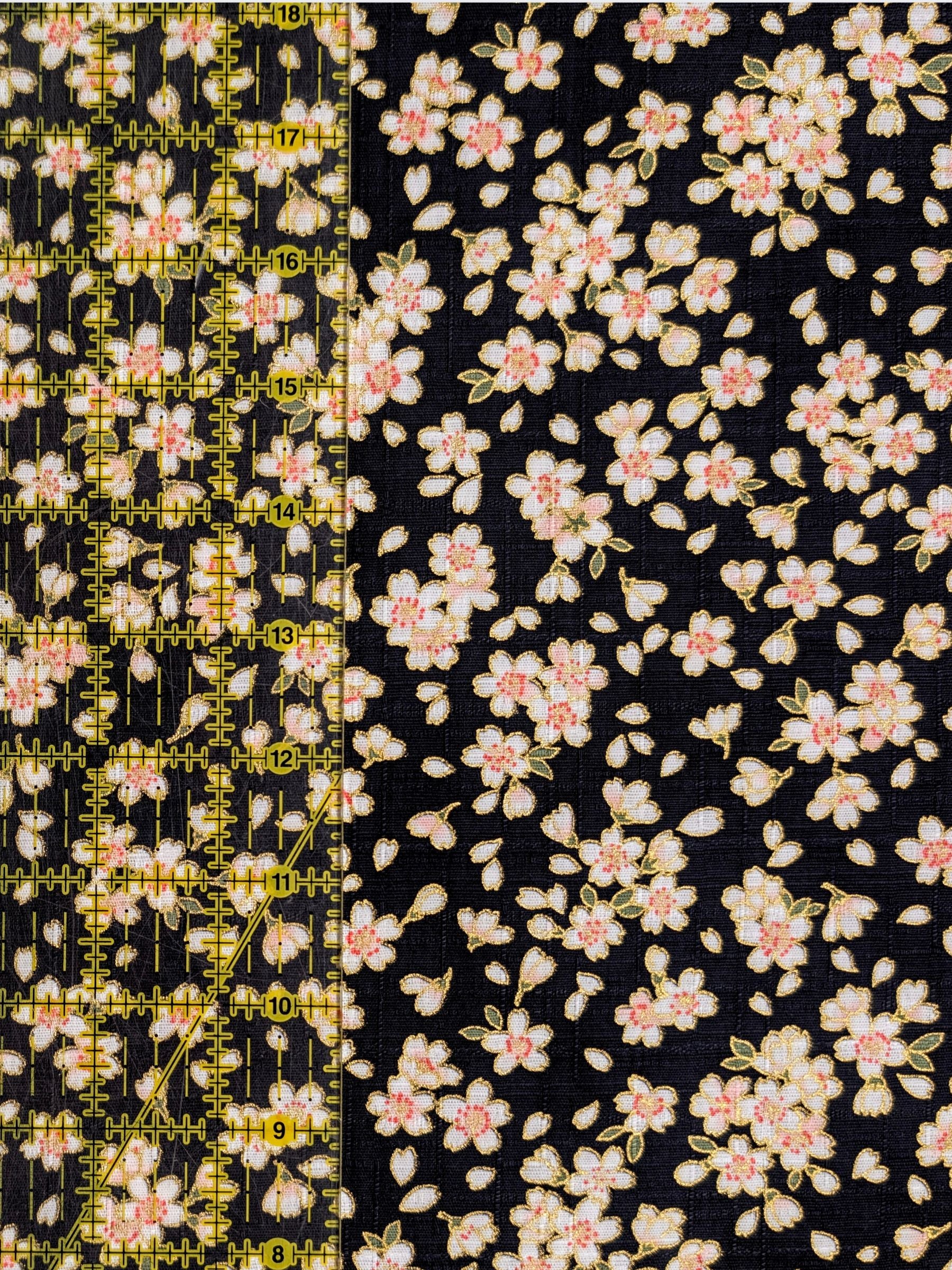 Hokkoh - Tiny Golden Cherry Blossoms Cotton Dobby Fabric - Black