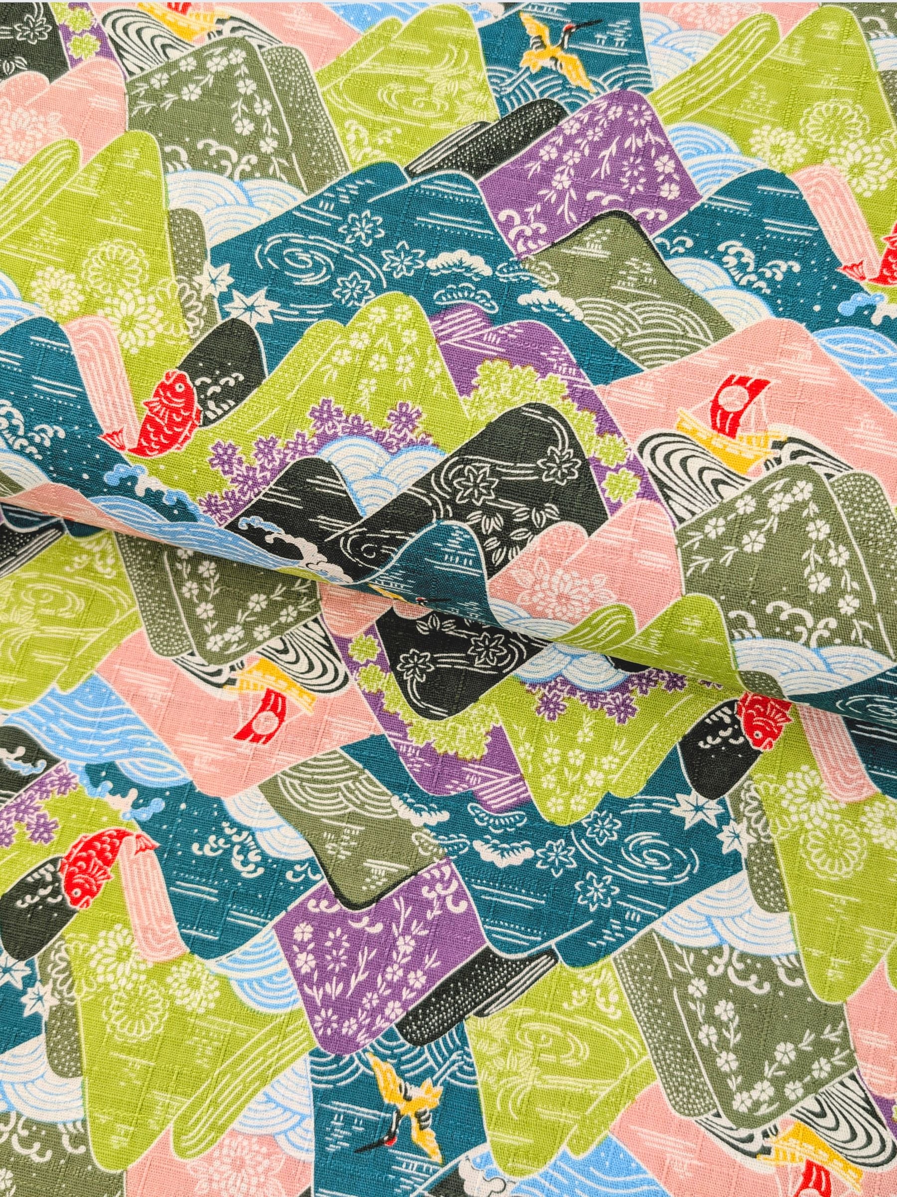 Hokkoh - Colorful Mountains Cotton Dobby Fabric - Green & Blue
