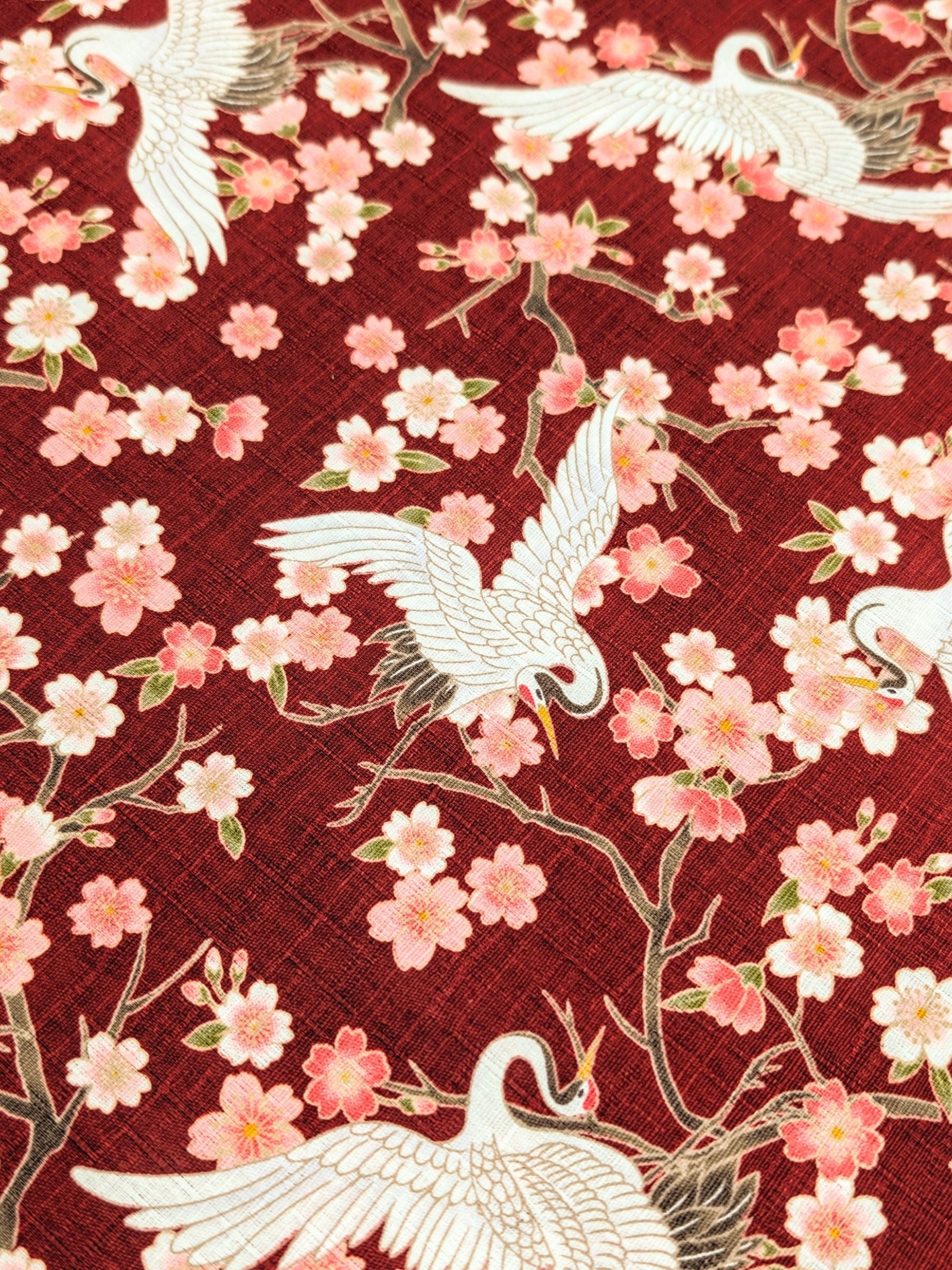 Hishiei - Cranes and Cherry Blossoms Cotton Dobby Fabric - Red