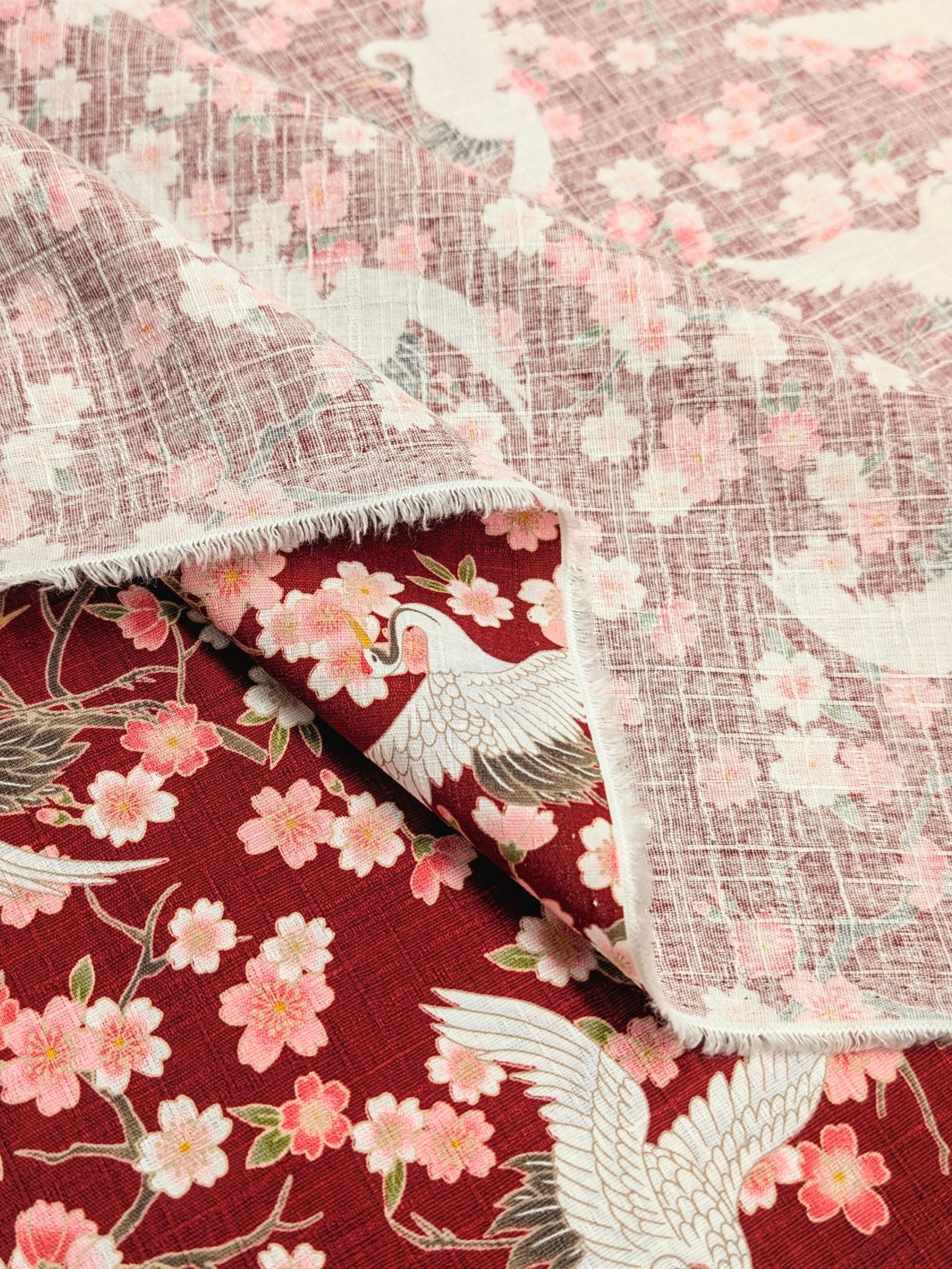 Hishiei - Cranes and Cherry Blossoms Cotton Dobby Fabric - Red