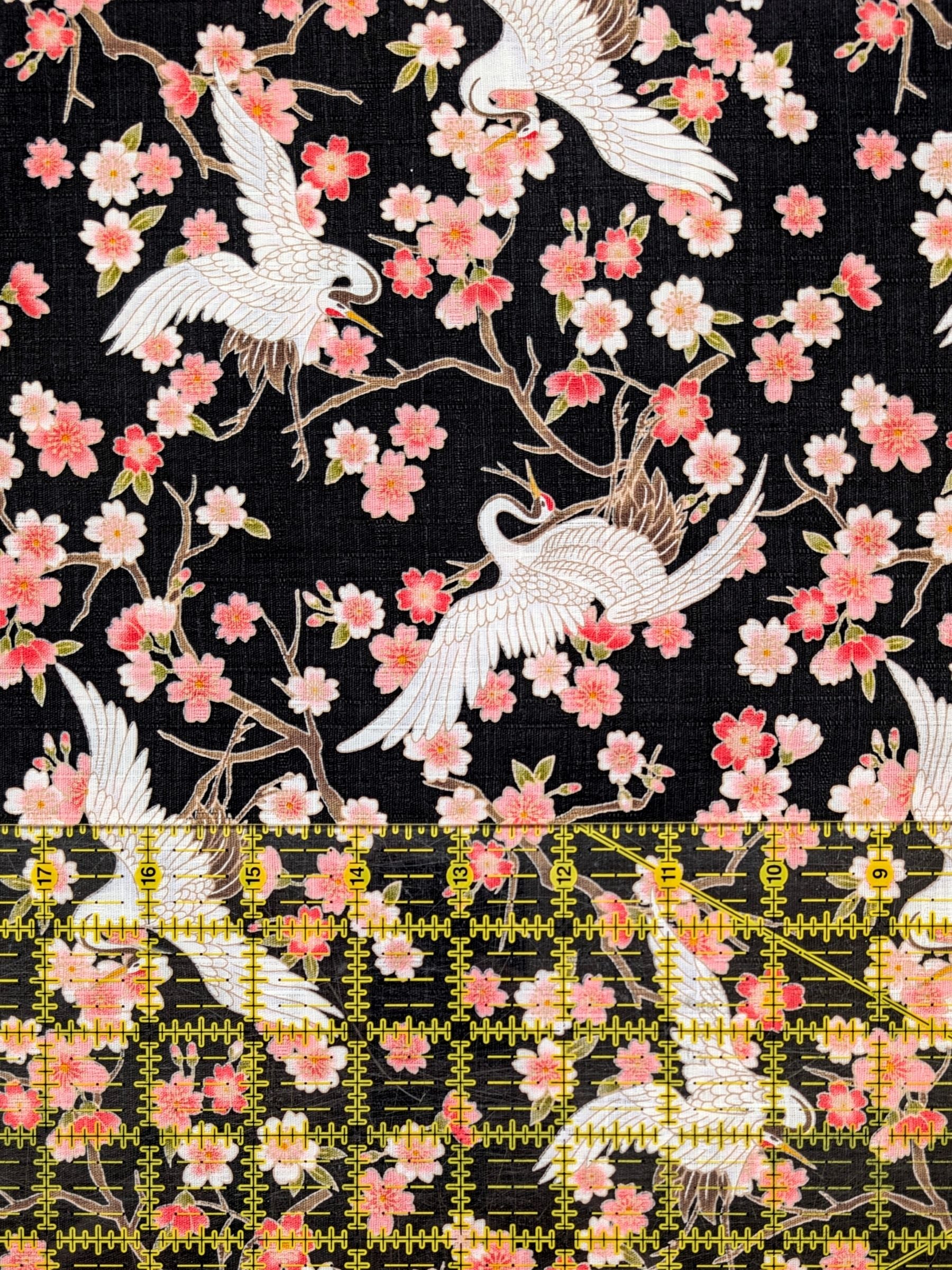 Hishiei - Cranes and Cherry Blossoms Cotton Dobby Fabric - Black