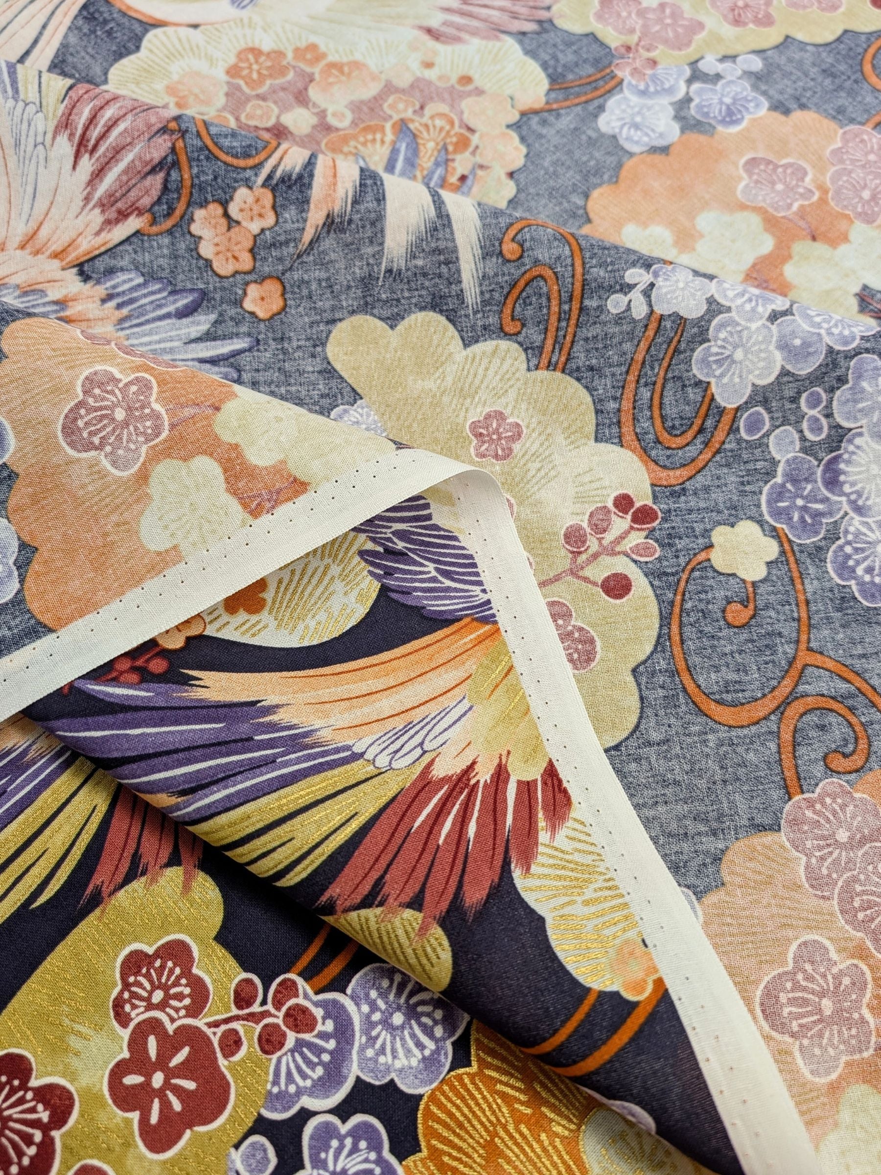 Naka - Golden Feathered Birds Cotton Sheeting Fabric - Purple