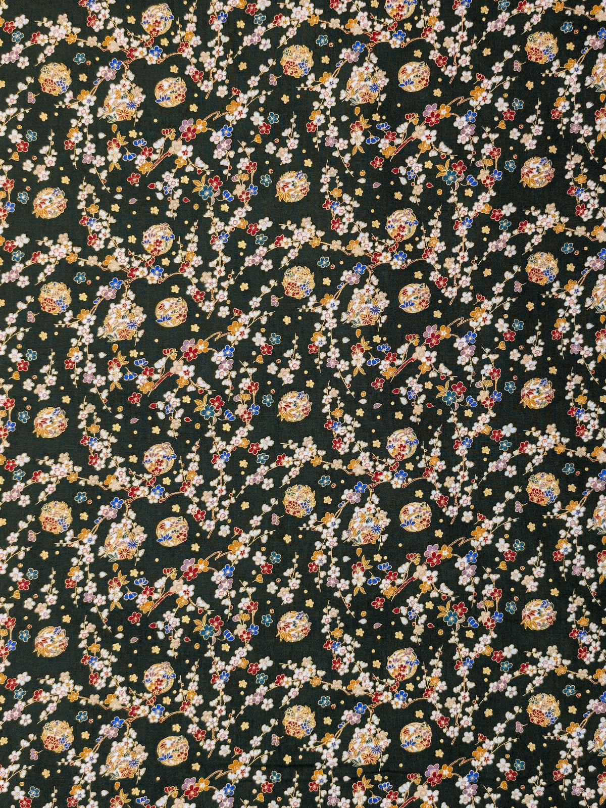 Naka -  Metallic Cherry Blossom Circles Cotton Sheeting Fabric - Green