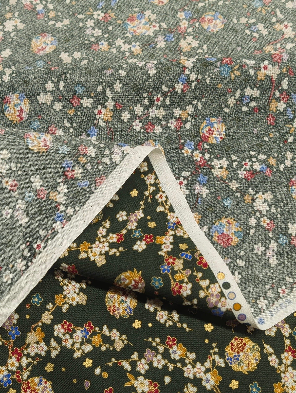 Naka -  Metallic Cherry Blossom Circles Cotton Sheeting Fabric - Green