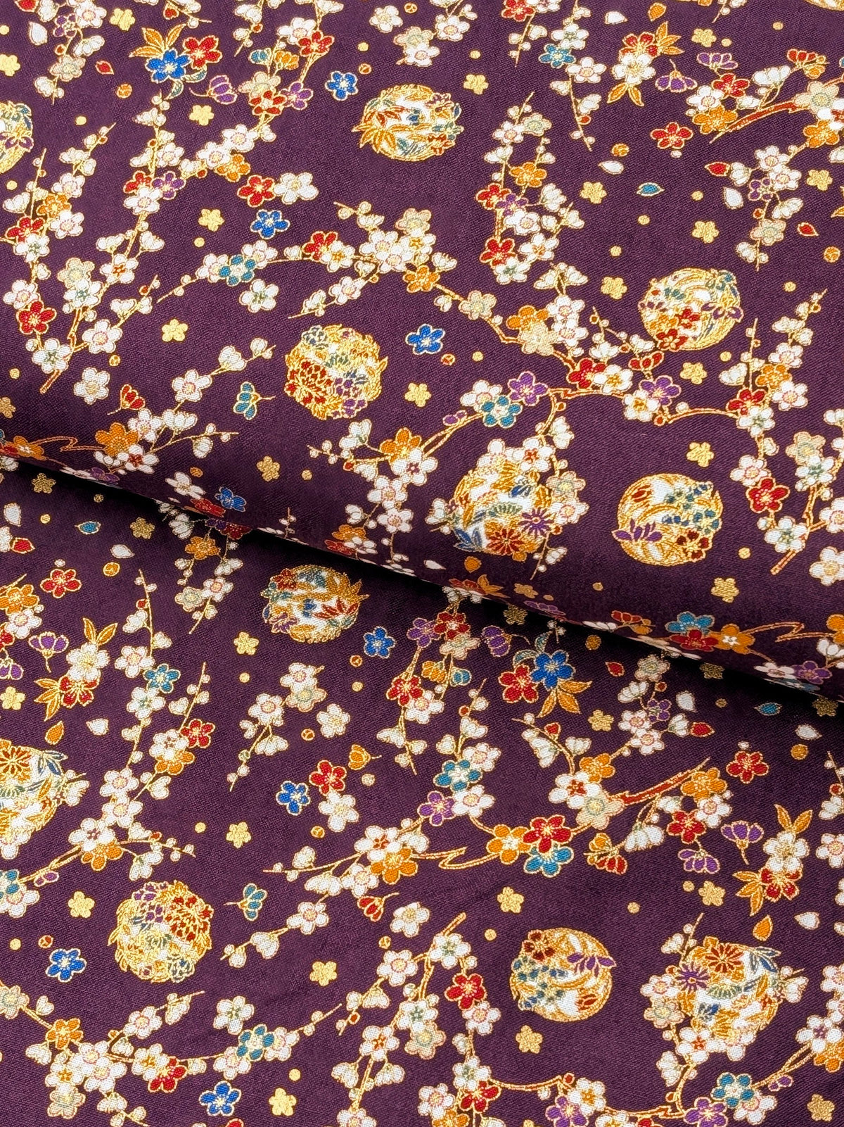Naka -  Metallic Cherry Blossom Circles Cotton Sheeting Fabric - Purple