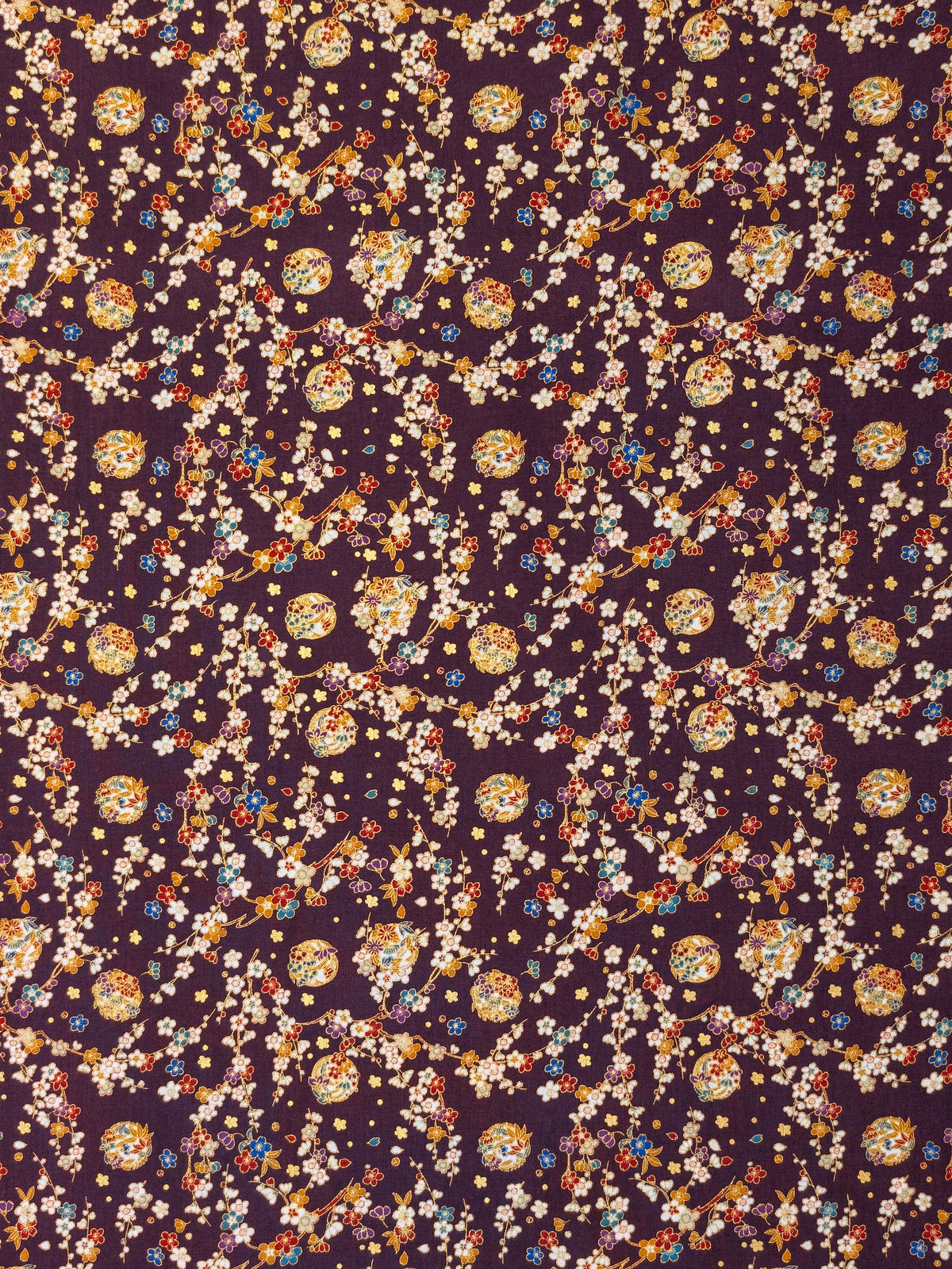 Naka -  Metallic Cherry Blossom Circles Cotton Sheeting Fabric - Purple