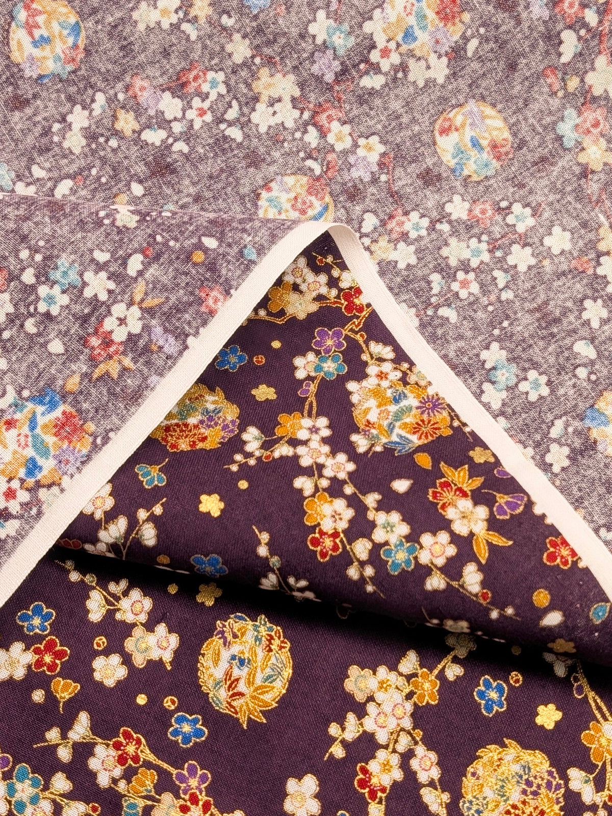 Naka -  Metallic Cherry Blossom Circles Cotton Sheeting Fabric - Purple