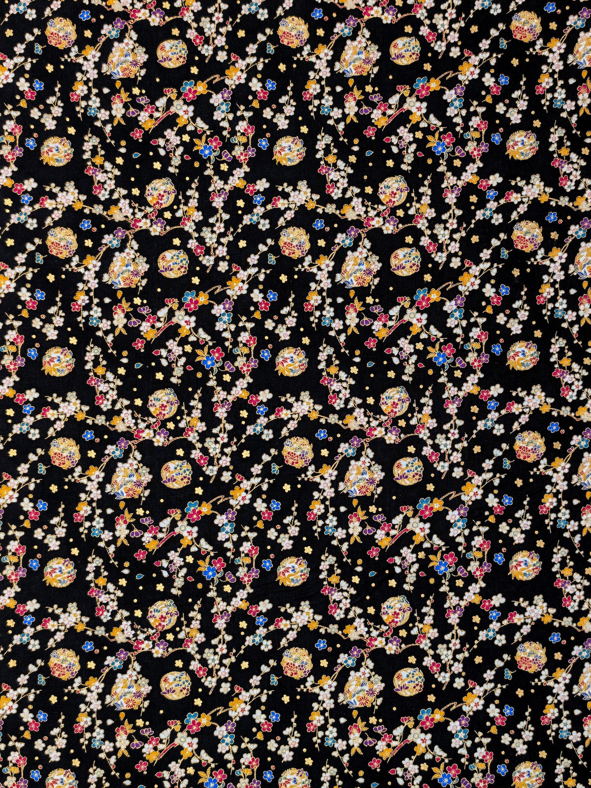 Naka - Metallic Cherry Blossom Circles Cotton Sheeting Fabric - Black