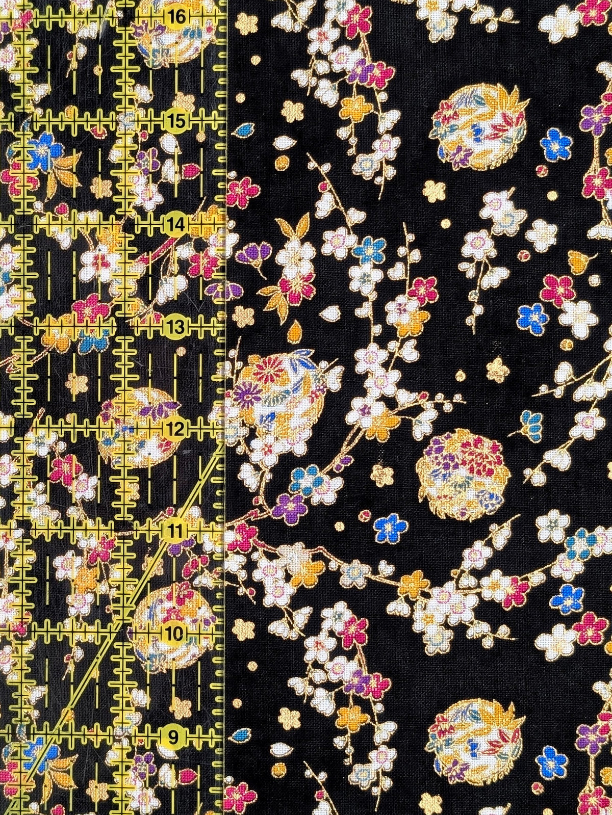 Naka - Metallic Cherry Blossom Circles Cotton Sheeting Fabric - Black