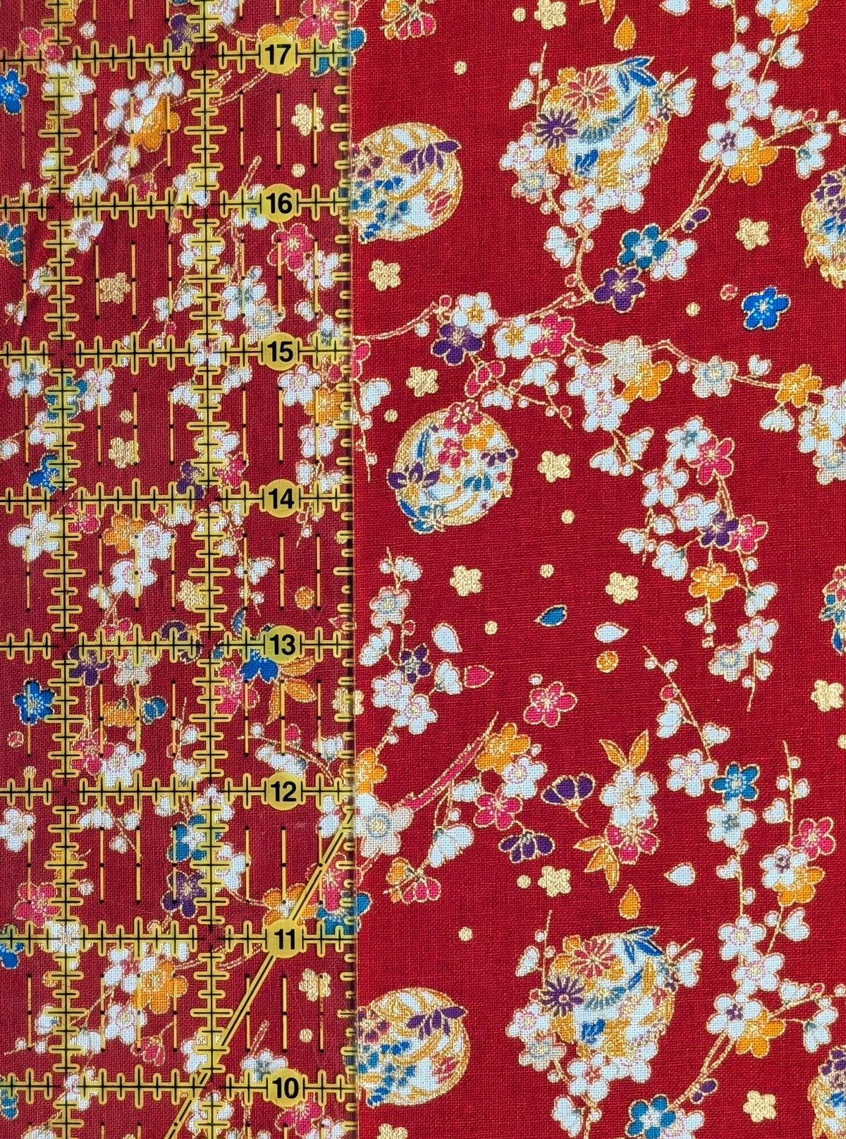 Naka -  Metallic Cherry Blossom Circles Cotton Sheeting Fabric - Red