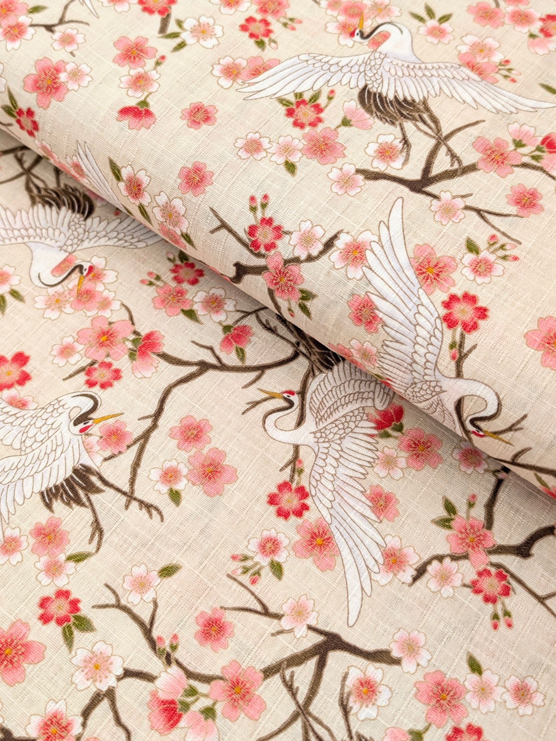 Hishiei - Cranes and Cherry Blossoms Cotton Dobby Fabric - Beige REMNANT