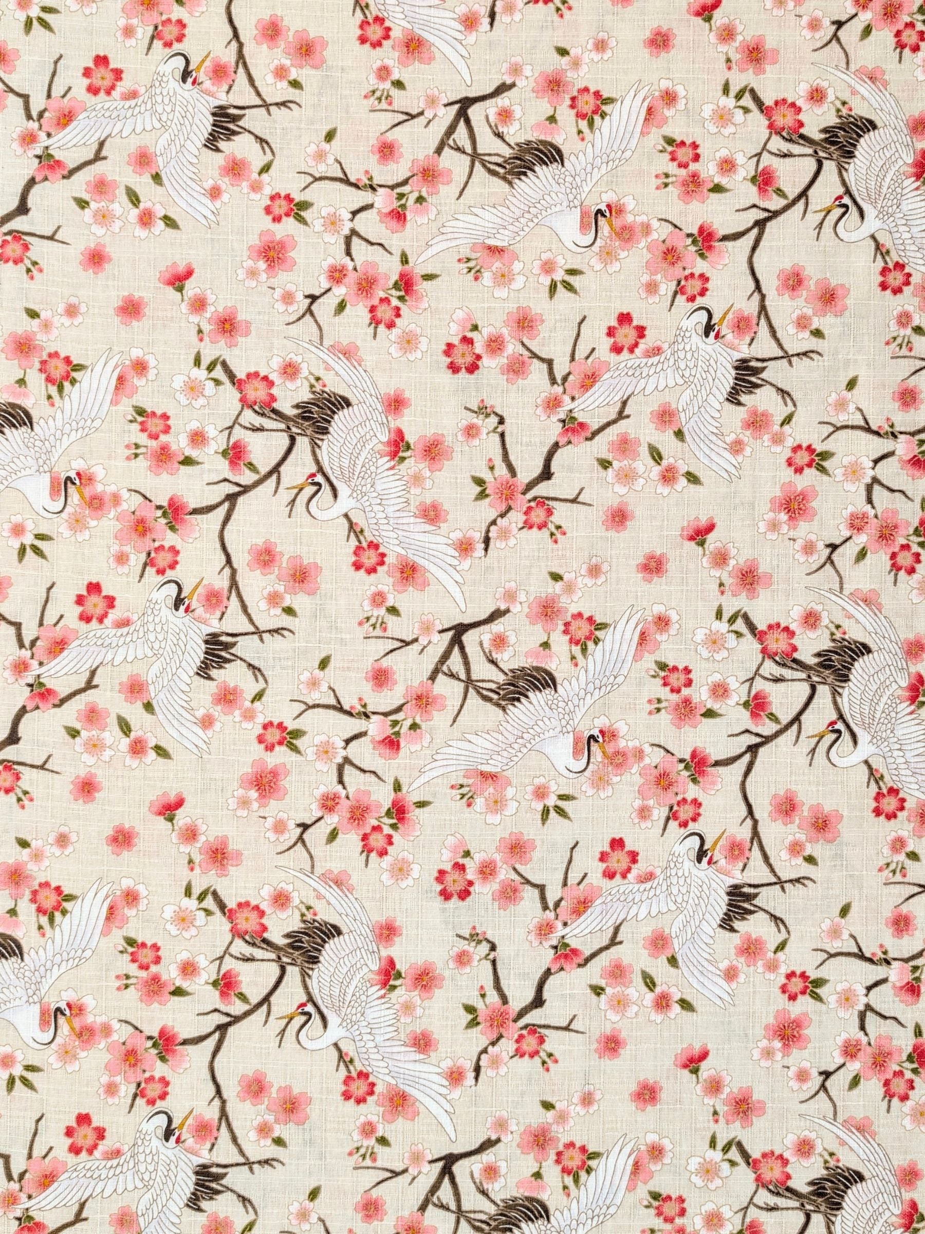 Hishiei - Cranes and Cherry Blossoms Cotton Dobby Fabric - Beige REMNANT